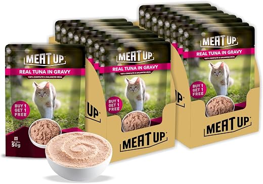 Meat Up Adult Cat Wet Food (50g x 8), 400g + 400g (Free) | Real Tuna in Gravy | Buy 1 Get 1 | Supports Heart &amp; Vision Heal...