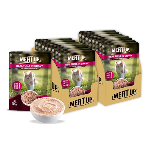 Meat Up Adult Cat Wet Food (50g x 8), 400g + 400g | Real Tuna in Gravy | Supports Heart & Vision Health | Strong Bones & Teeth | Natural Flavours | Organic Minerals & Vitamins