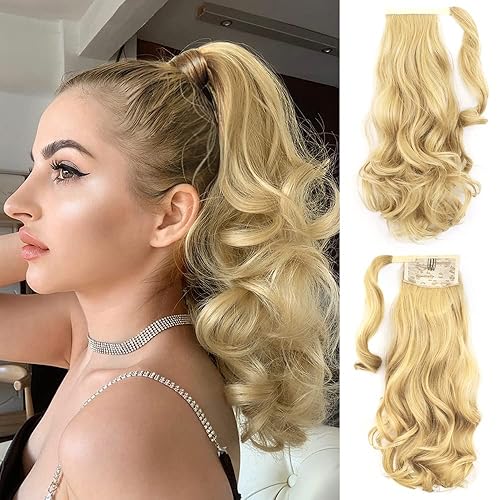 Extensión de cola de caballo rubia, extensión de cola de caballo con clip, extensiones de cabello rizado ondulado de 16 pulgadas, peluca de cola de