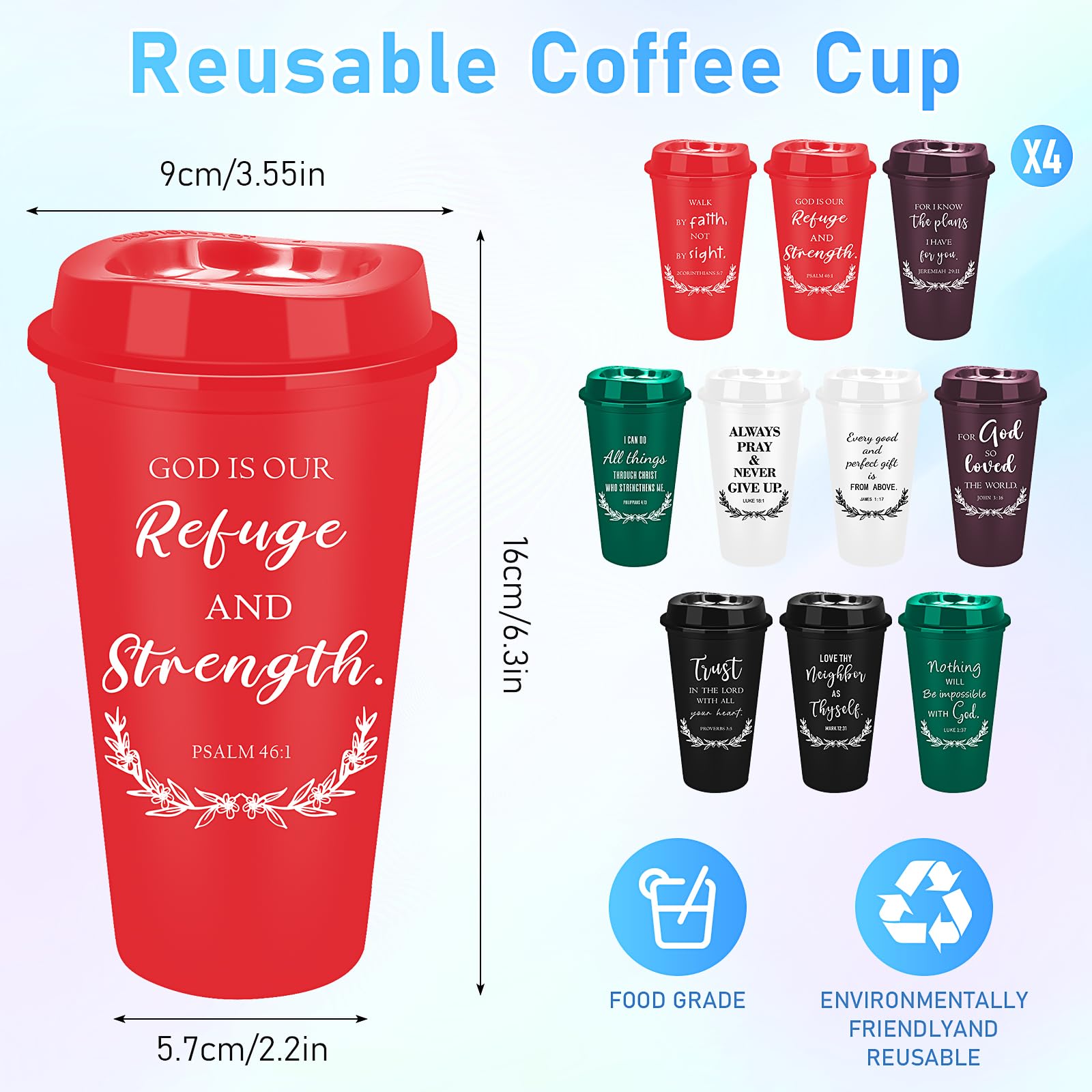 Lot de 40 tasses à café chrétiennes réutilisables de 473,6 g, verset de la Bible religieux en plastique avec couvercles, tasse à café de voyage pour boissons froides, cadeaux chrétiens pour homme et