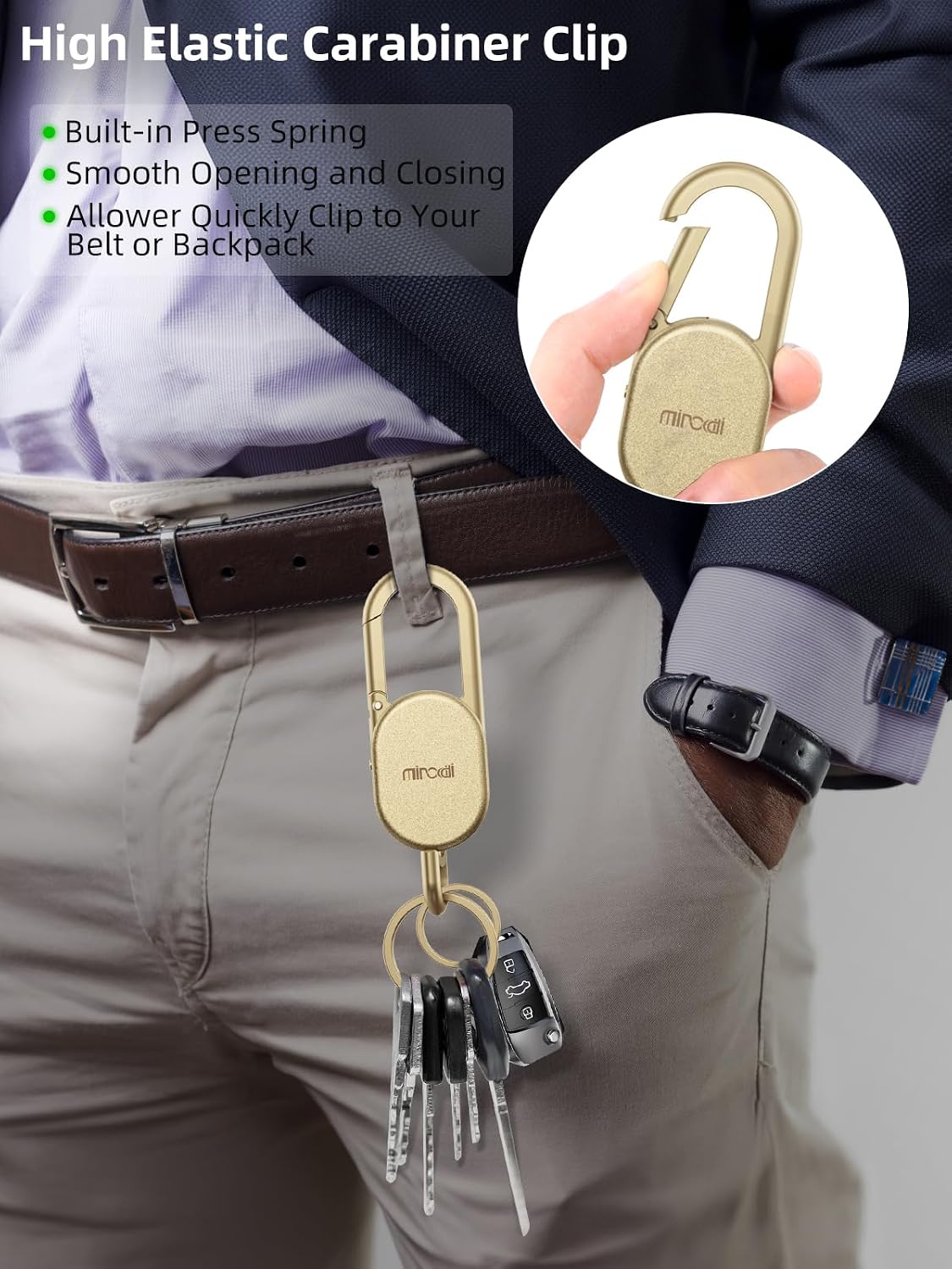 Keychain Tracker, Keys Finder Works Compatible with Find My App (iOS Only), Heavy Duty Keychain Carabiner Car Key Chains for Men, Anti-Lost Tracker with Keyrings, Rechargeable & Waterproof, Gold