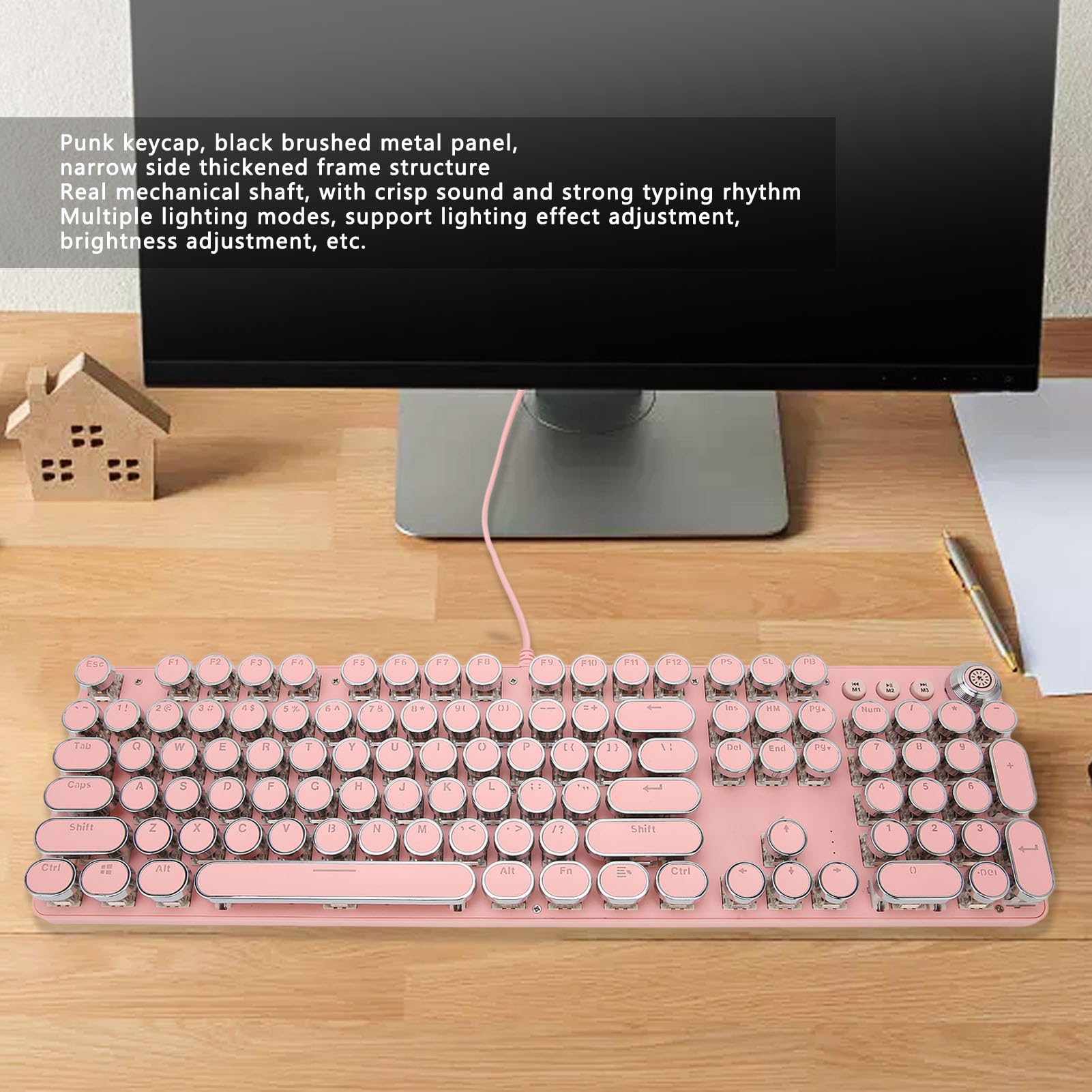 Keenso Przewodowa Mechaniczna Klawiatura Niebieska Przełącznik Punkowy Keycap do Panelu Metalowego Gracza na PC (902-7 różowy punk)