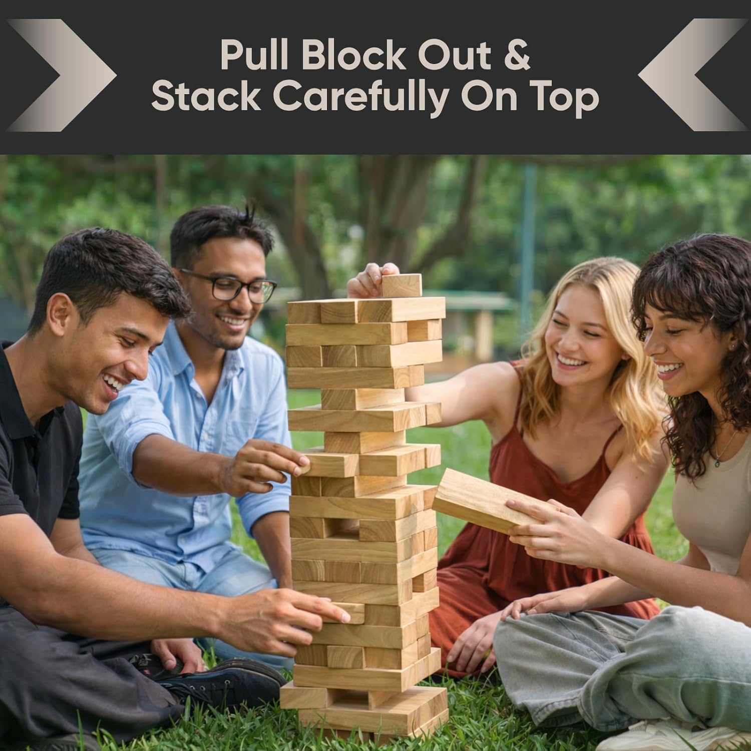 Giant Stacking Tower Game Over 5 FT - Premium Wooden Blocks Stacking Tower Game for Family Party, BBQ & Lawn Games - Natural