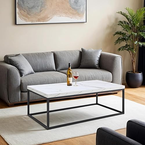 Miniatura 5 de CENSI Mesa de centro otomana de mármol blanco de 47 pulgadas para sala de estar, rectangular estilo industrial moderno, madera y metal (mármol)
