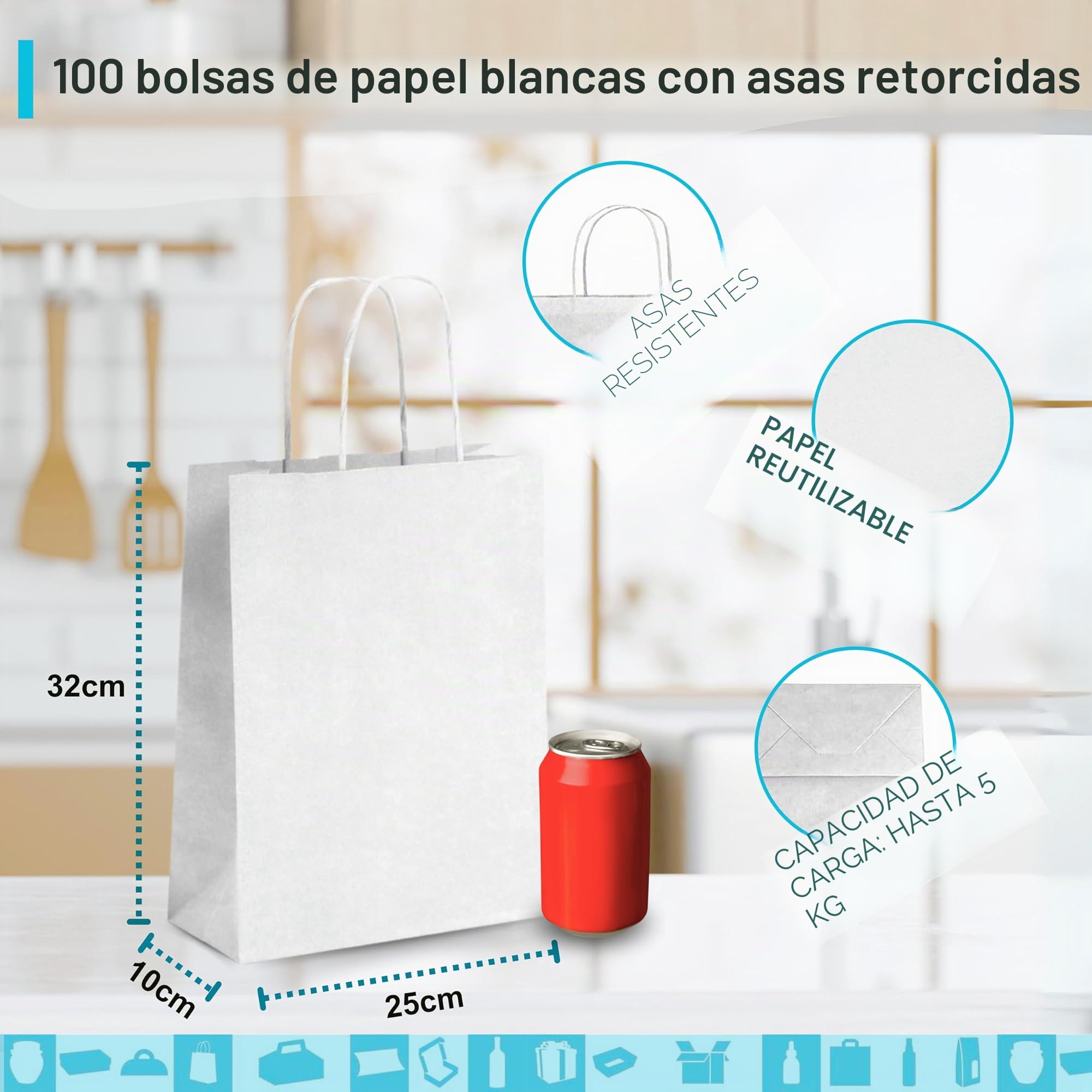 100 Bolsas de Papel Kraft Blanco con Asas 25x10x32 cm – Bolsas de Regalo y Compra para Tienda, Bodas y Fiestas | Espirito Rebelde