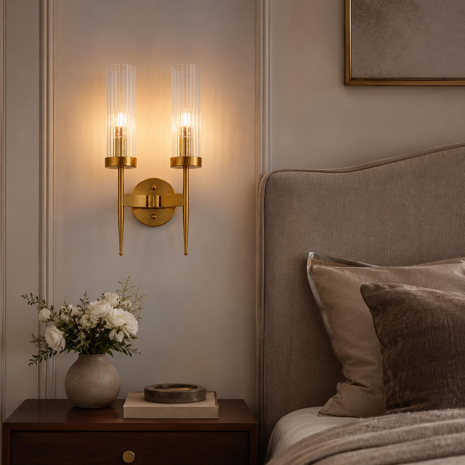 Aplique de Pared de Cristal y Base Dorada E14, Accesorios de Lámpara de Pared Modernos (2 Luces) | Lámpara de pared con cable de 43 cm con cristal transparente para dormitorio, pasillo, sala de estar, escalera y entrada