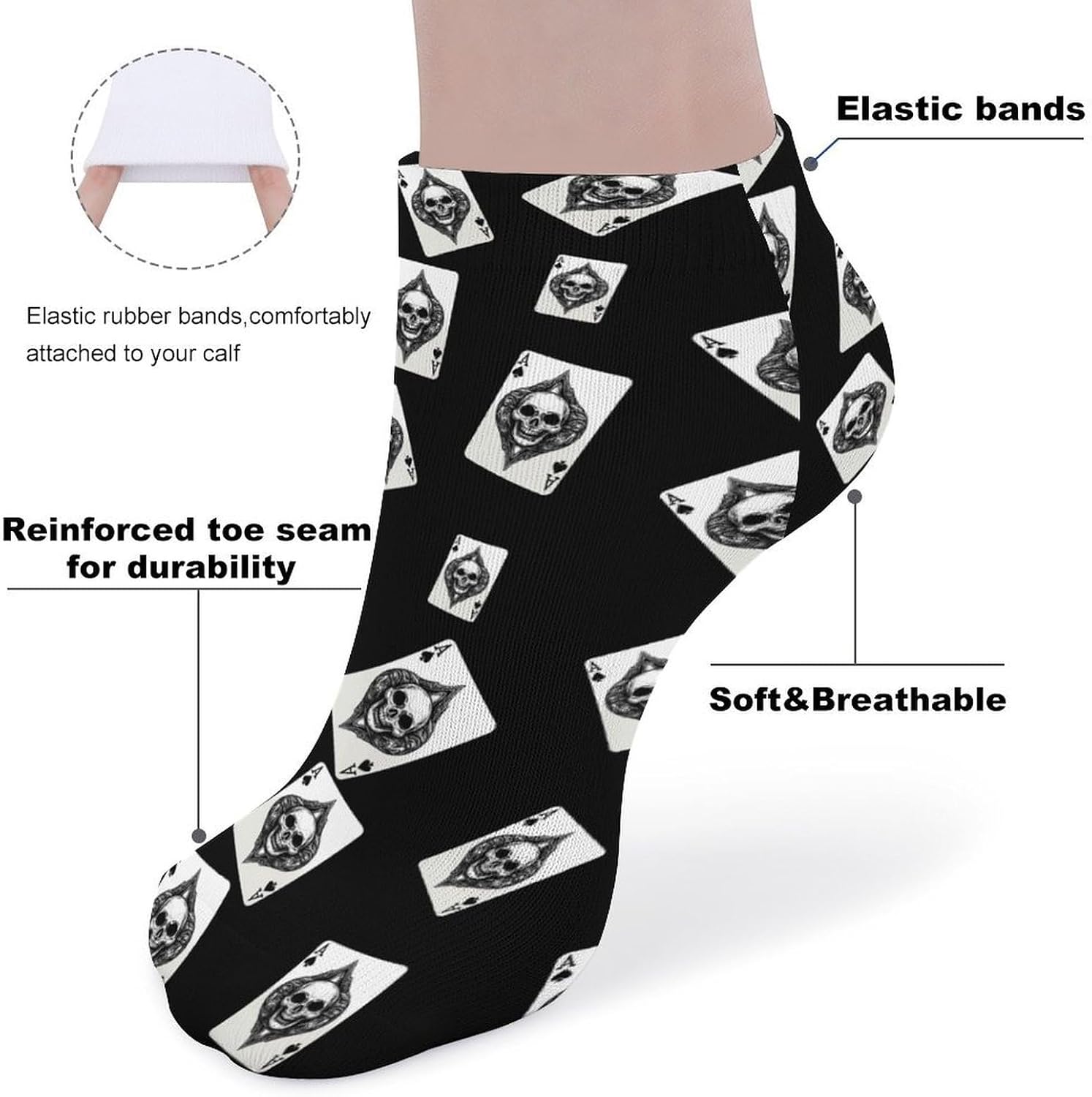Skull Spades Poker 5 Pairs Low Cut Ankle Socks Casual Liner Sock No Show Invisible Socks for Men Women