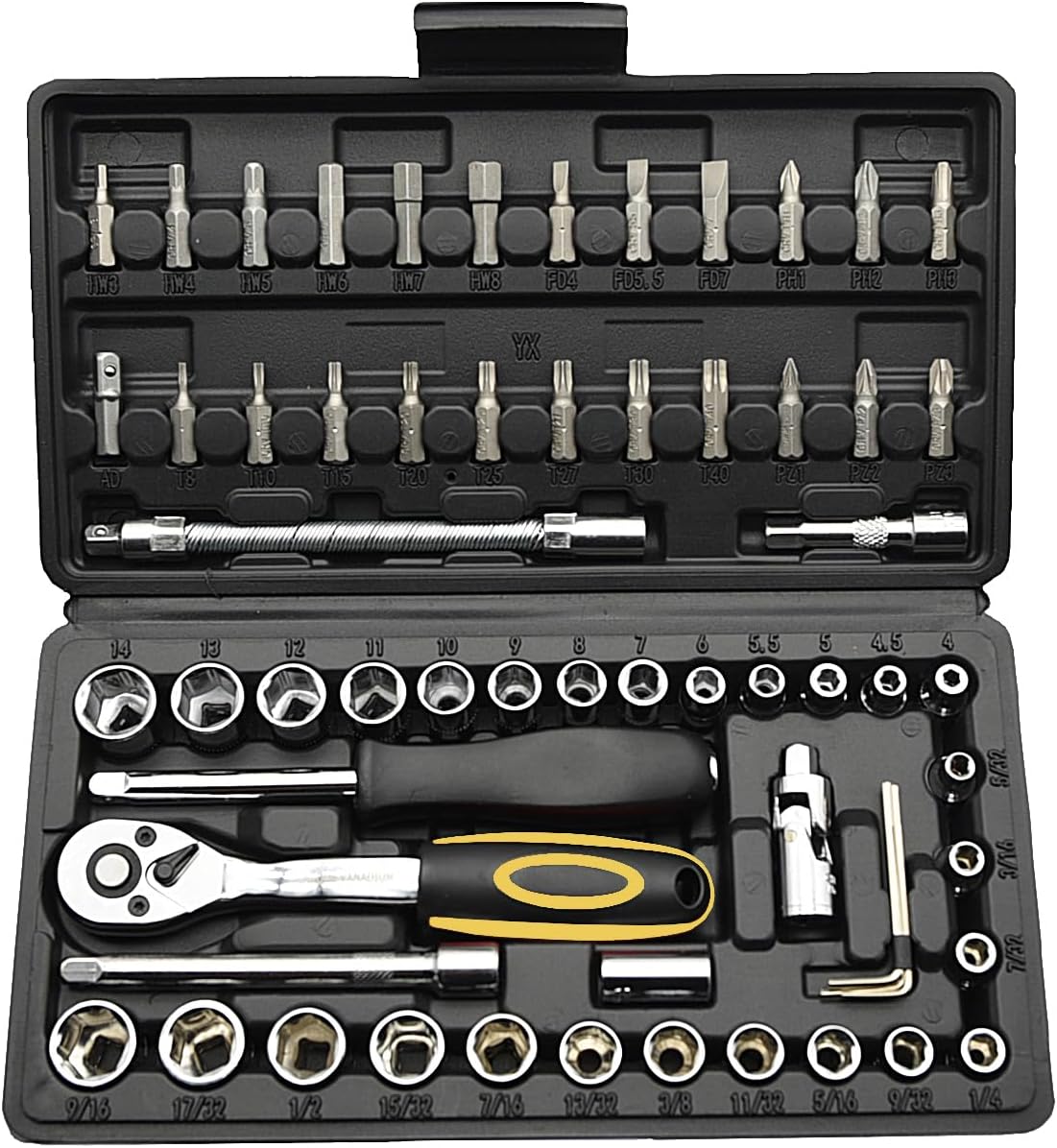 Socket Wrench Set, 62PCS 1/4" Ratcheting Wrench Set With 72 Tooth count Ratchet, SAE & Metric From 5/32" - 9/16 ", 4mm - 14mm,tool Set For home And car,motorcycle,bike Repair
