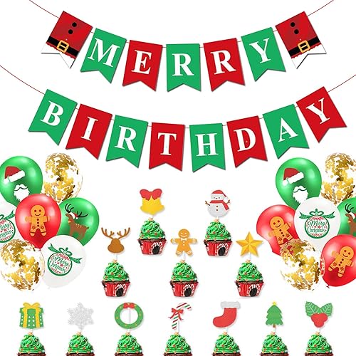 Miniatura 1 de Decoraciones de fiesta de cumpleaños con temática de Feliz Navidad, pancarta roja y verde brillante para diciembre y fiesta de cumpleaños