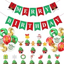 Merry Christmas Themed December Xmas Party Supplies - Happy Birthday Banner, Red and Green Glittery