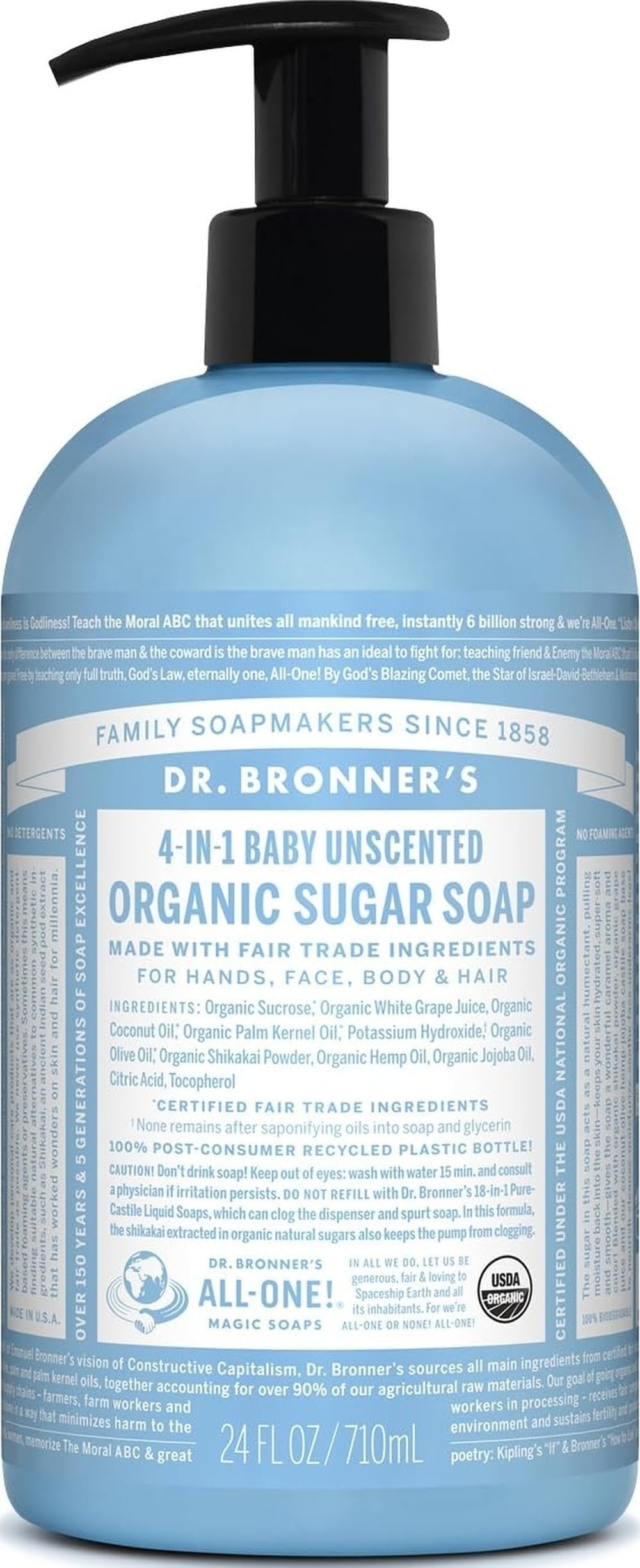 Organic Sugar Soap (Baby Unscented, 24 Ounce) - Made with Regenerative Certified Organic Oils, Sugar & Shikakai Powder, 4-in-1 Use: Hands, Body, Face and Hair- Liquid Soap, Nourishes