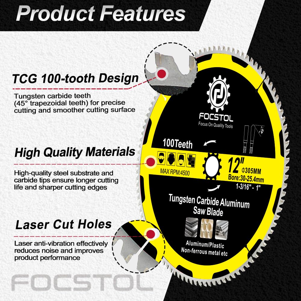 FOCSTOL Hoja Sierra Circular para Aluminio 305mm x 30mm - Disco para Corte Aluminio con 100 Dientes Para Cortar Metales No Ferrosos Plástico
