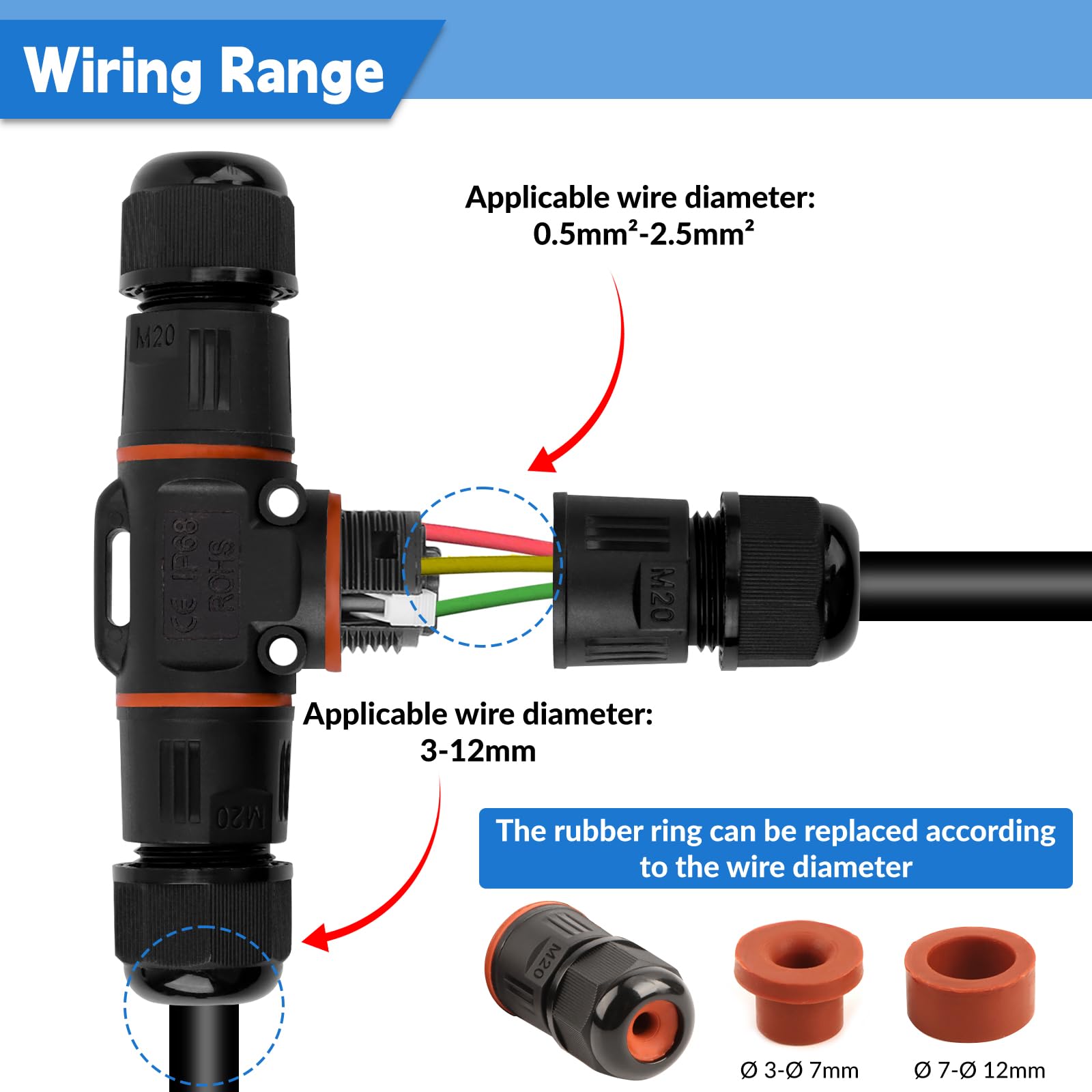 8 Stück Kabelverbinder Wasserdicht IP68, T-Form und Gerade Kabelverbinder, Wasserdicht 3-polig Erdkabel Verbindungsmuffe für Ø3-12 mm und Ø5-8 mm Kabeldurchmesser