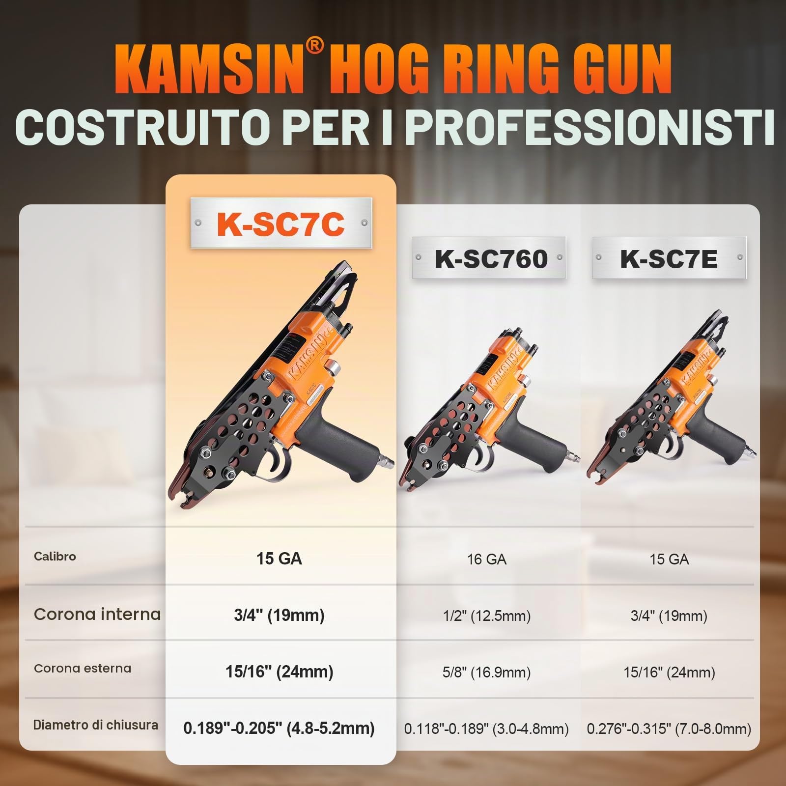 K-SC7C Pistola pneumatica ad anello di porco da 15 gauge Corona da 3/4” Diametro di chiusura 4,8 mm Cucitrice ad anello di porco Pistola ad anello di porco Cucitrice ad anello di C | Chiusura 4,8mm, corona 19mm, caricatore acciaio 125 chiodi, 70-100 PSI,