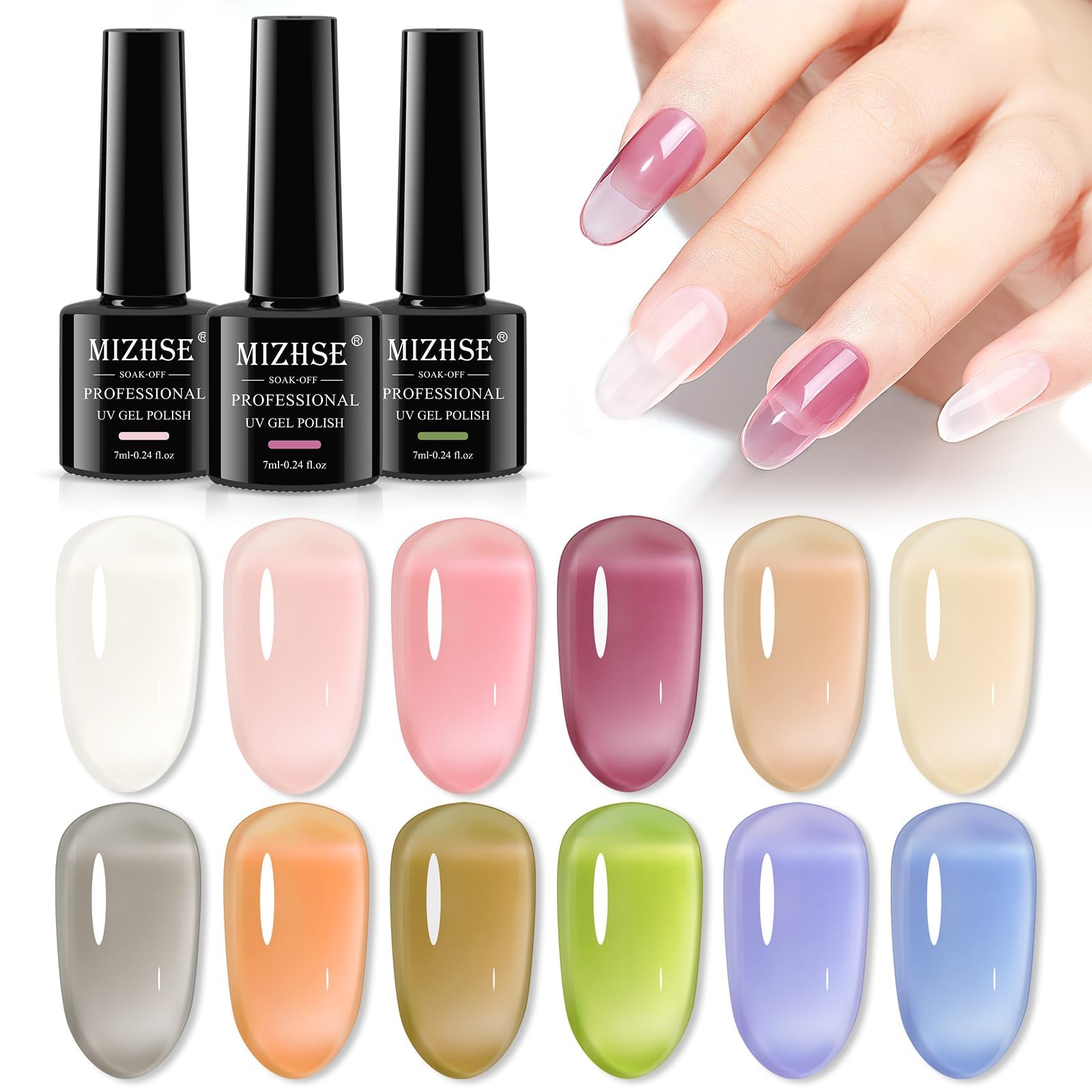 MIZHSE Zestaw żelowych lakierów do paznokci - 12 kolorów Jelly Nude odcienie UV, zestaw lakierów do paznokci Jelly Gel Nail Polish Set Nude Gels Lakier do paznokci mleczny biały różowy różowy lakier