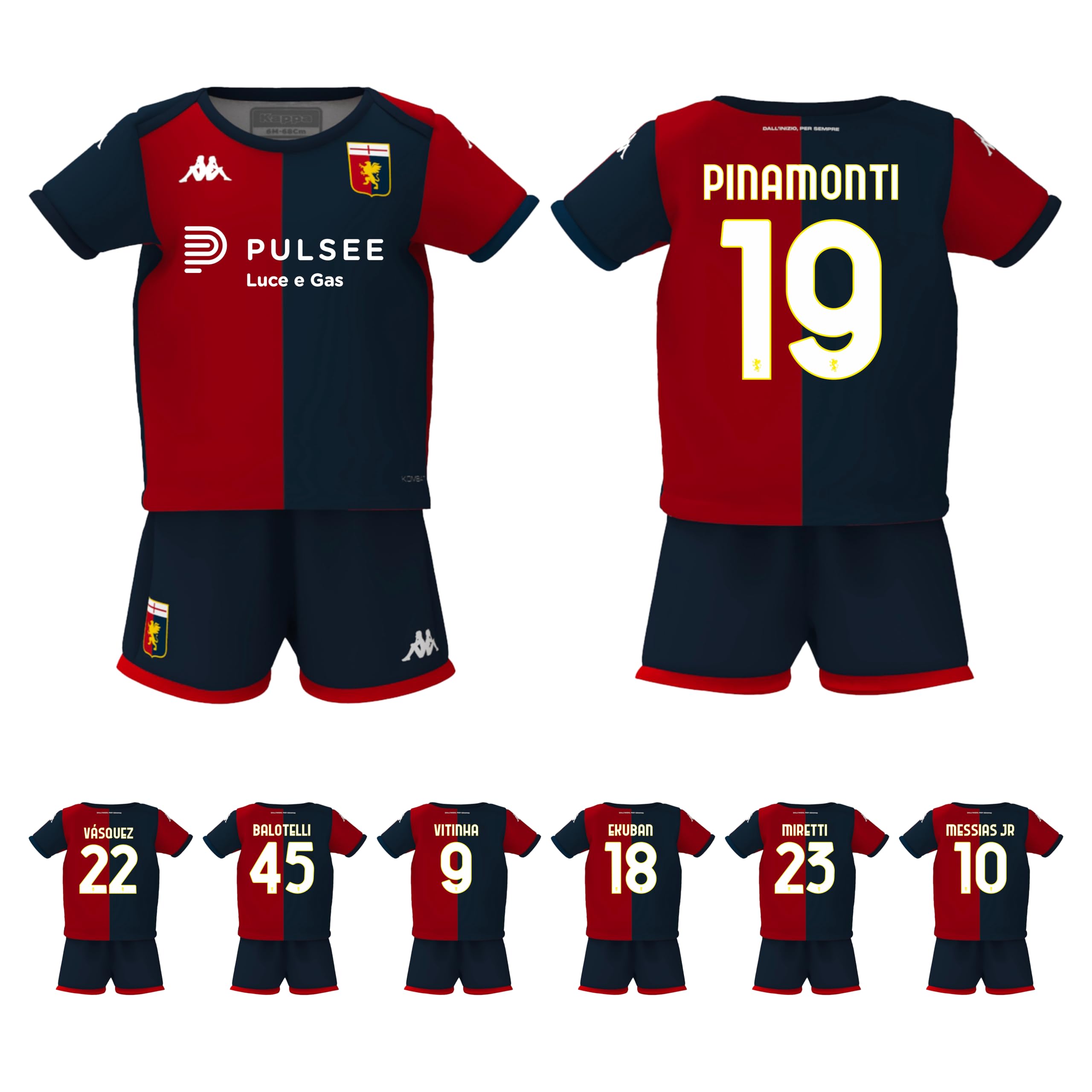 Kappa Completo Kit Neonato Maglia Gara Home Ufficiale Genoa FC 2024/25 Personalizzabile Messias Jr Pinamonti Gollini Vitinha