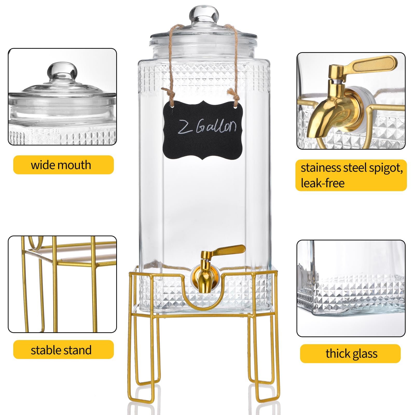 Dispensador de bebidas, dispensadores de bebidas de 2 galones para fiestas, dispensador de bebidas con soporte, tapa de vidrio y espiga de acero inoxidable a prueba de fugas, ideal para limonada,