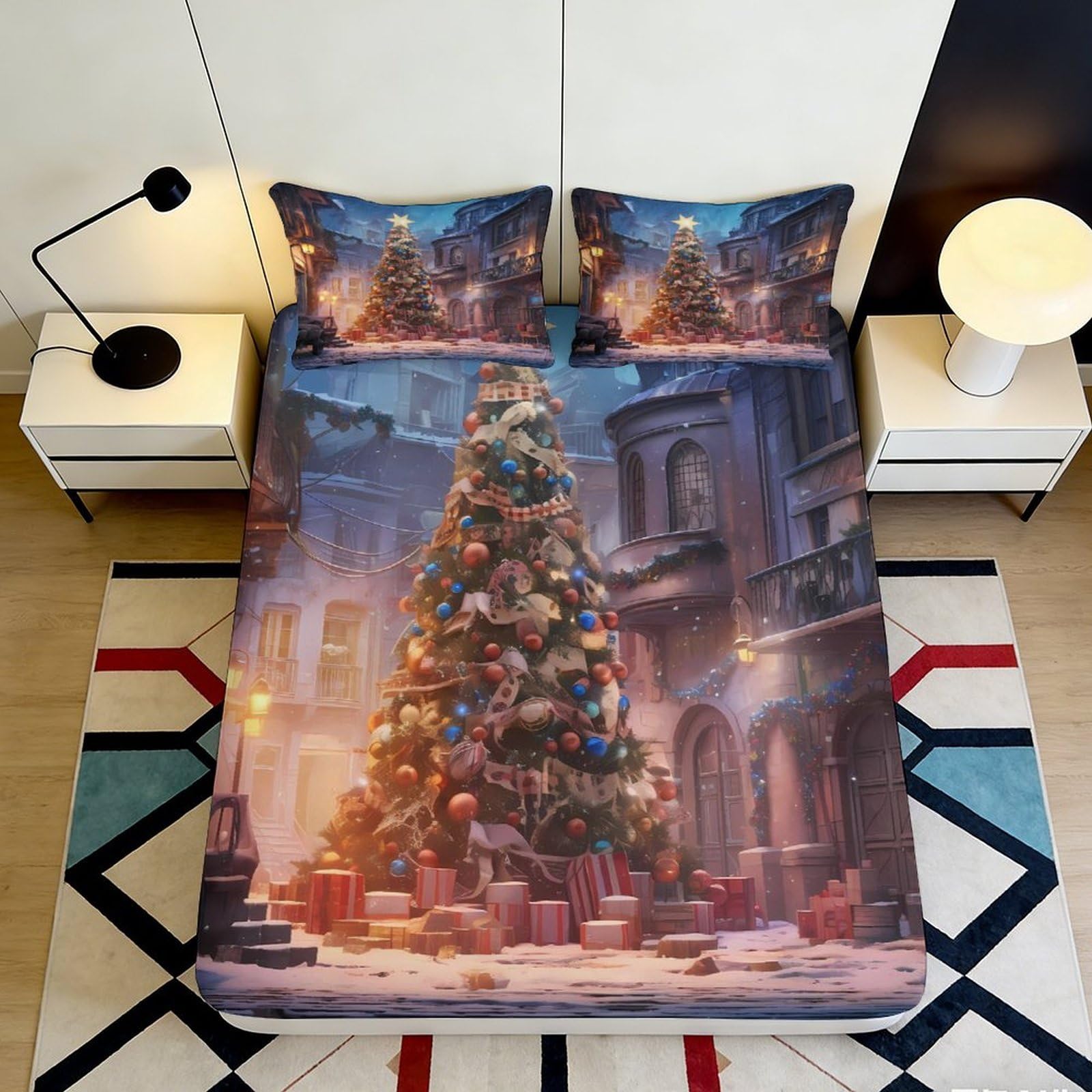 Festive Decor Christmas Tree Fitted Sheet 3D Printed, Microfiber soft touch, Bed Sheet for home bedroom, apartment bedding, wrinkle resistant 90x200x25cm