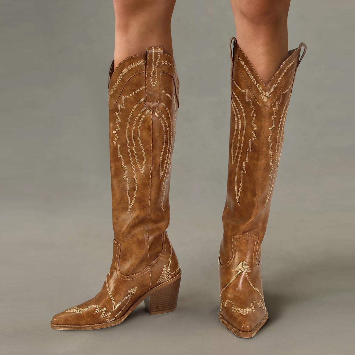 Cowboy Boots for Women Knee High Western Tall Long Cowgirl Boot Comfortable Retro Vintage Country Concert Embroidery Pointed Toe Block Chunky Heel