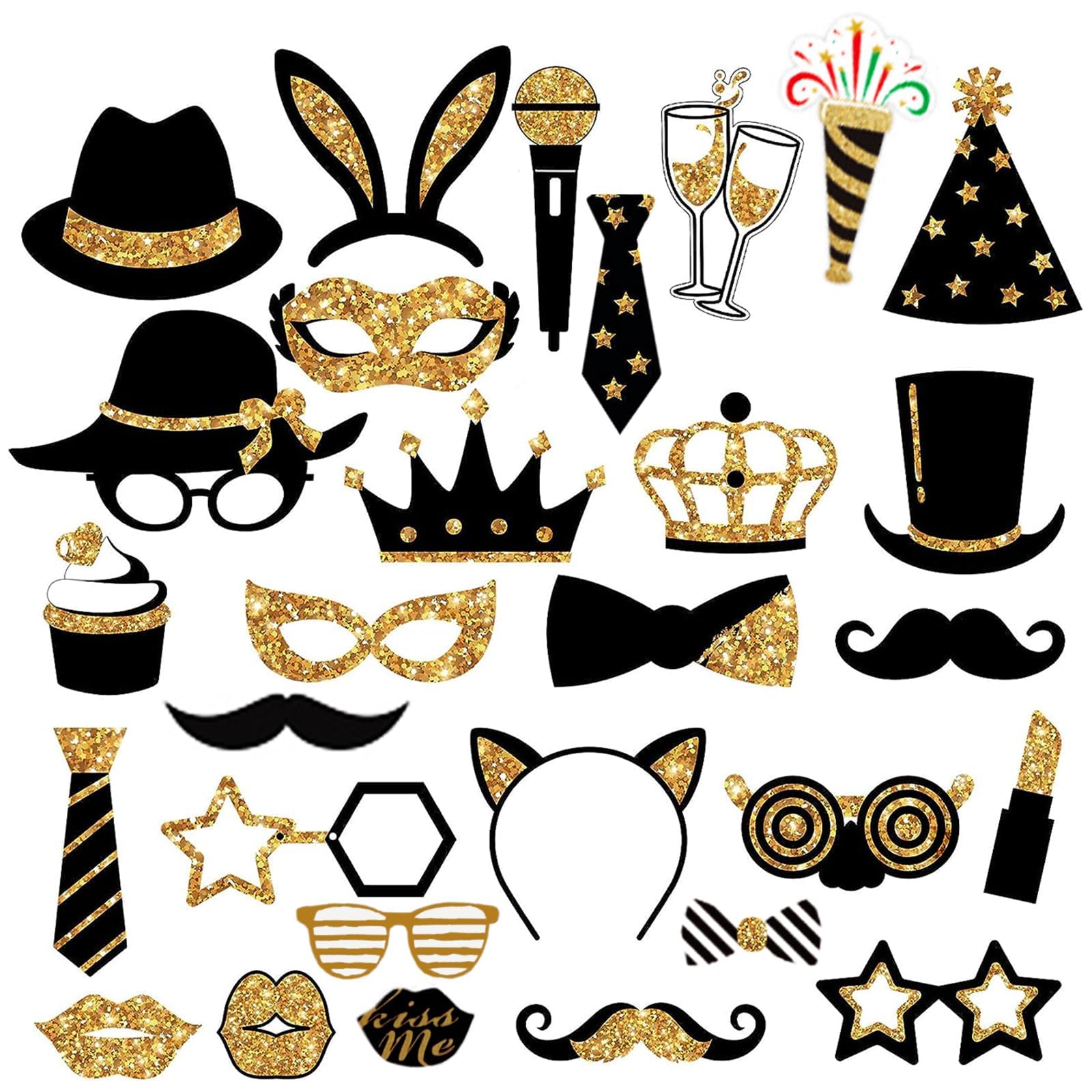 GUOYOU 30 Piezas Foto Props de Fiesta Accesorios de Photo Booth, Photo Booth Photocall Atrezzo Favorecer, DIY Accesorios Photocall Cumpleaños, para el Partido, Boda, Cumpleaños, Graduación (Oro)
