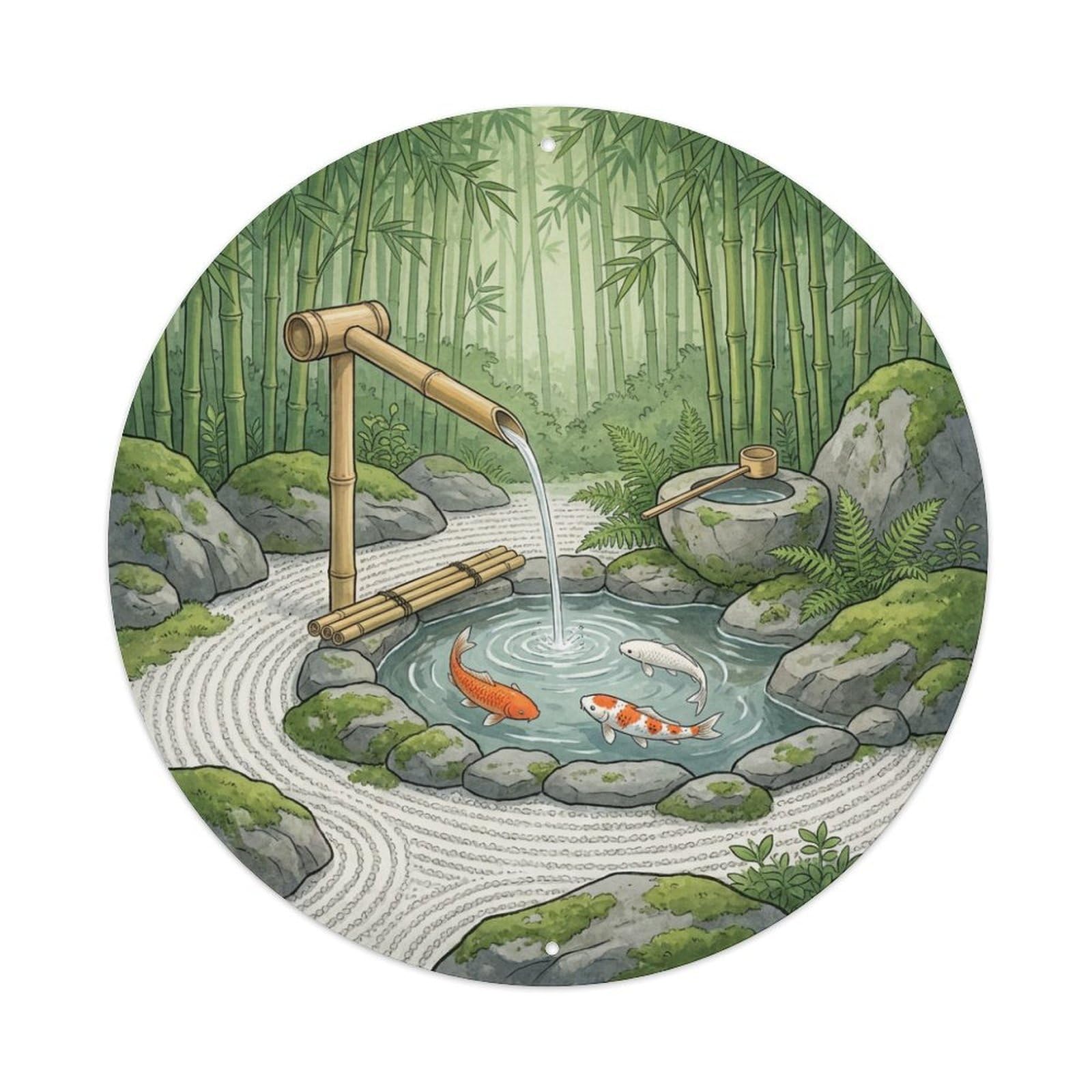Galvaxio Style Japanese Koi Fish Bamboo Water Spout Flowing Metal Tin Sign