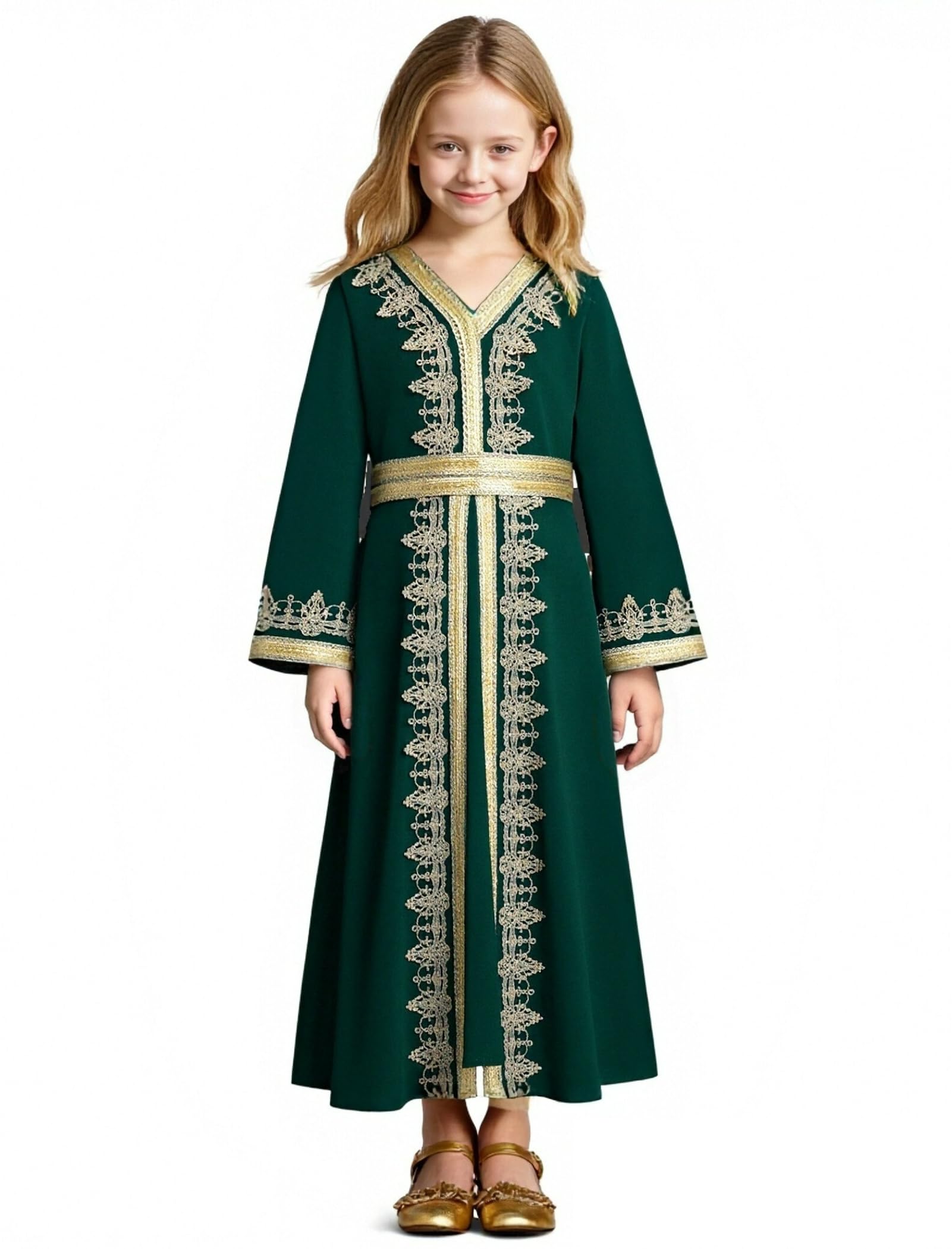 OBEEII Mädchen Muslimisches Ramadan Abaya Kinder Langarm V-Ausschnitt Spitze Gebetskleid Nahen Osten Arabisches Kaftan Kleid mit Gürtel