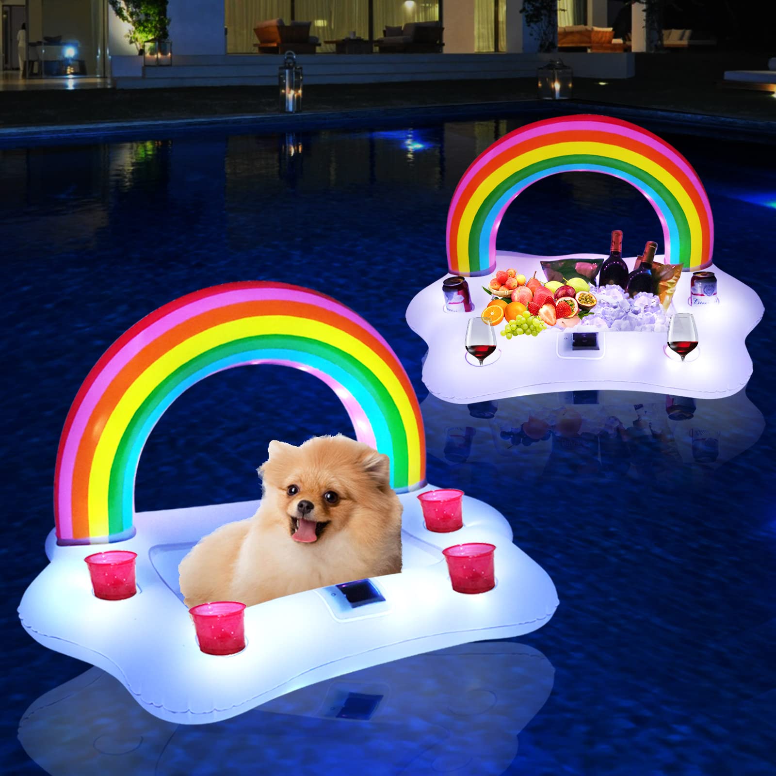 FirstE Inflatable Rainbow Cloud Drink Holder with Lights, Solar Powered Floating Beverage Salad Fruit Serving Bar Pool Float Lights Party Accessories, Floating Bar Cup Holder for Water Fun 2PC