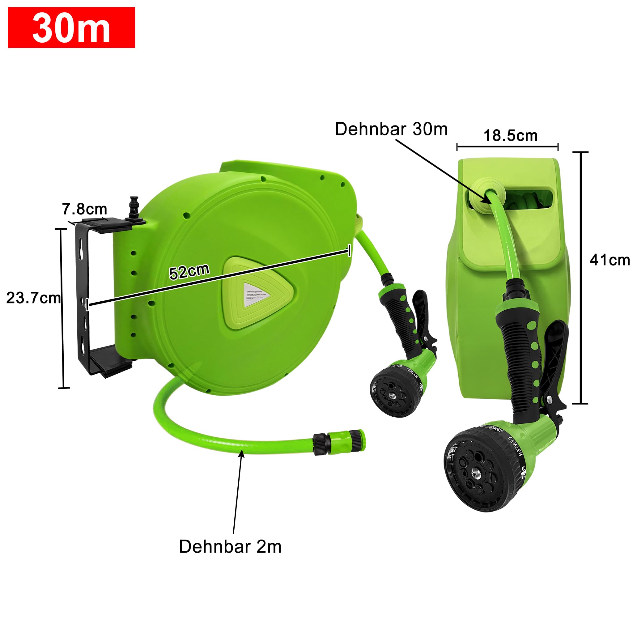 Aufun Carrete de manguera Retráctil 30m + 2m automático con Ducha de mano, Soporte de pared Múltiple con asa de Transporte para jardín, riego, lavado de autos (Verde,30M)