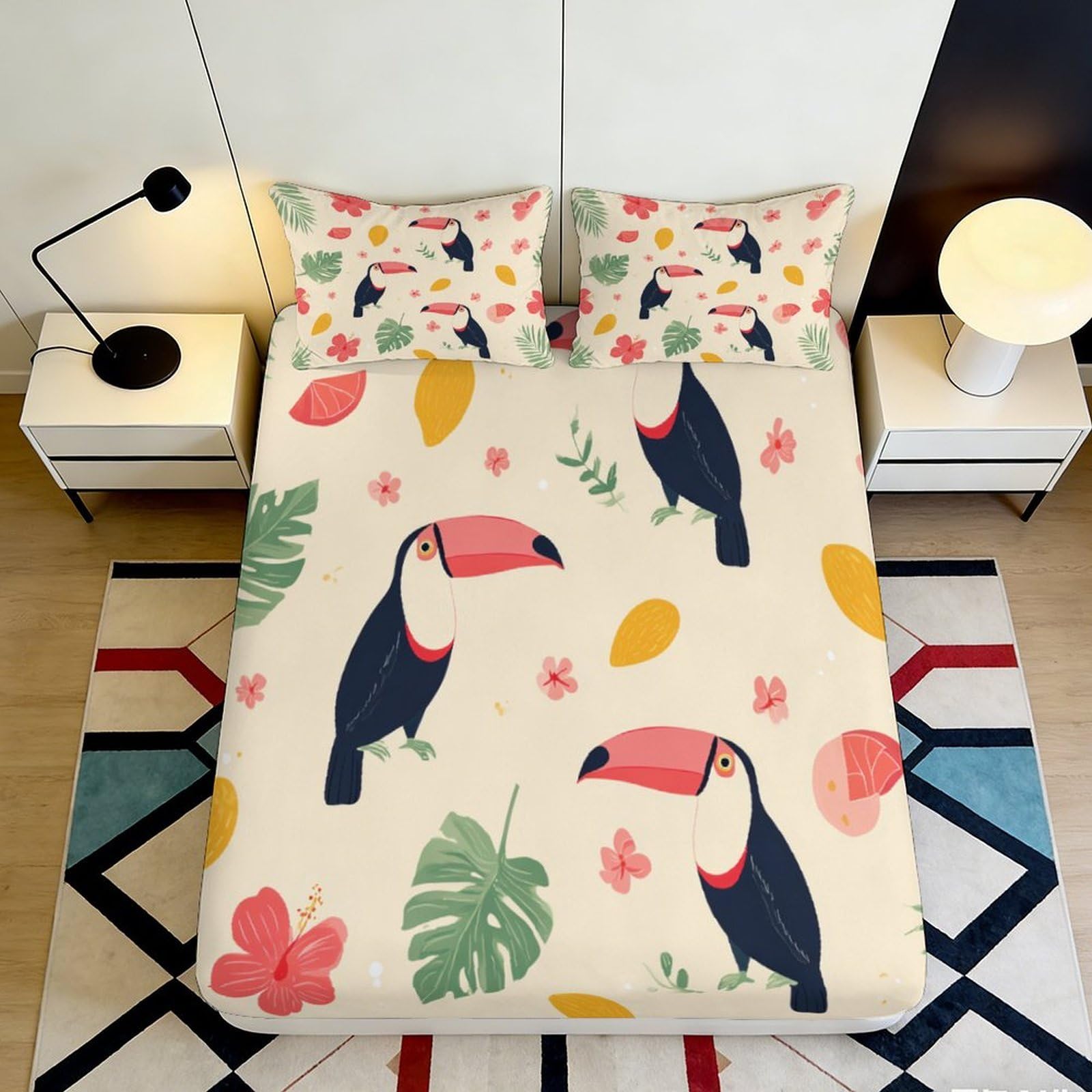 3D Printed Tropical Toucan Fitted Sheet Microfiber Soft Anti-Slip Bed Cover for Bedroom Guest Room Dorm Mattress Protection Decor 90x200x25cm