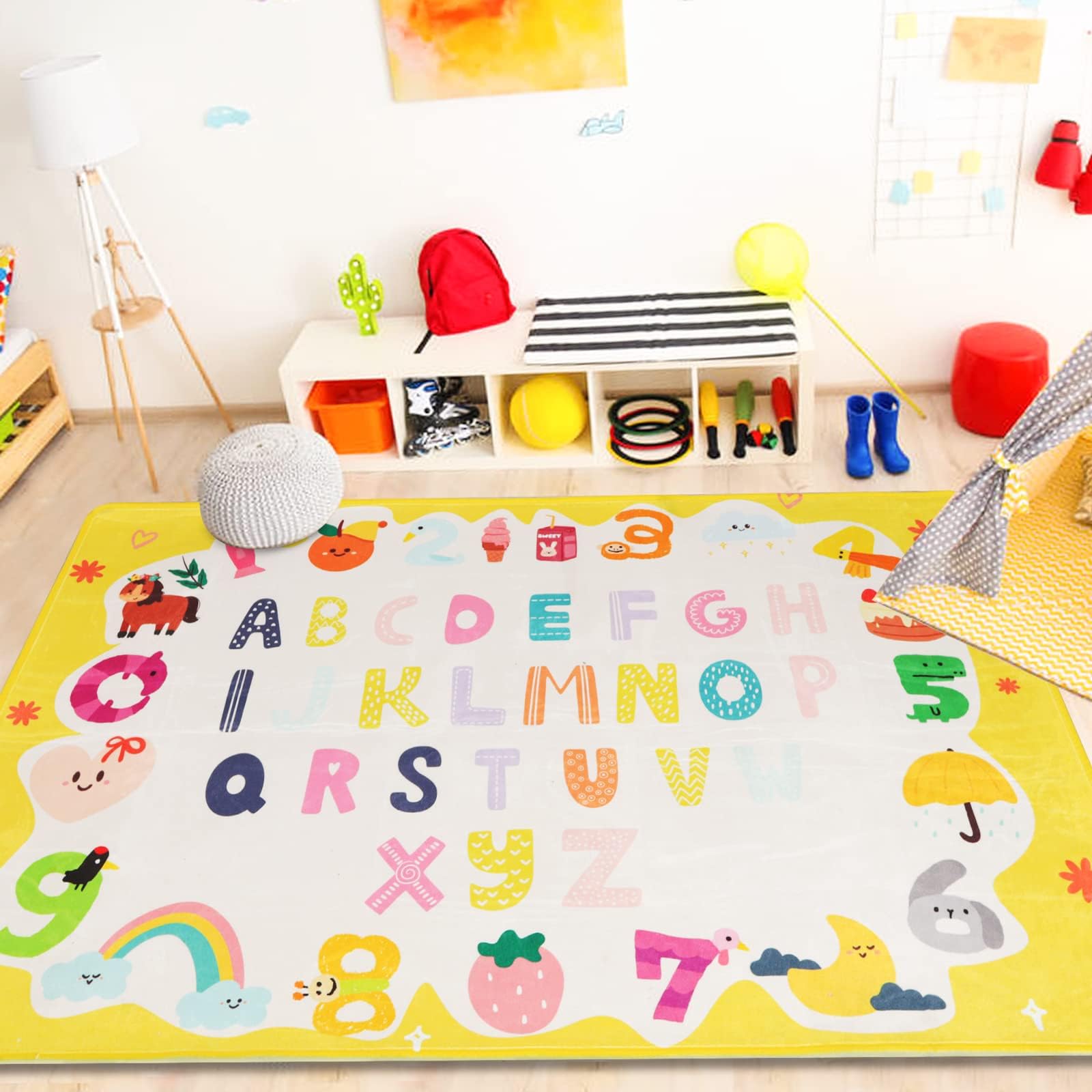 ABC Kids Play Rug, Large Soft Educational Learning Space Mat, Non-Slip Cute Baby Floor Toddler Numbers Mat Area Rug for Living Room Playroom Bathroom Decor (Yellow, 59" x 78" L)