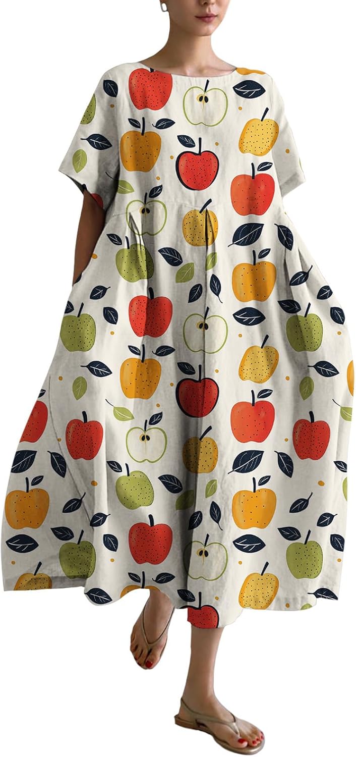 Women's Fruit Graphic Midi Dress Summer Fashion Round Neck Short Sleeve Dress Loose Casual Lightweight Outfits