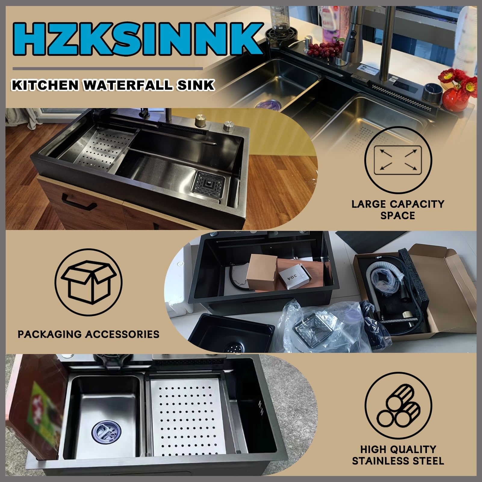HZKSINNK 80x50cm Lavello da cascata nero, multifunzionale Lavello Cucina 1 Vasca in Acciaio Inox, con Rubinetto Estraibile, sifone e Set di Drenaggio, e vari accessor, lavello domestico set