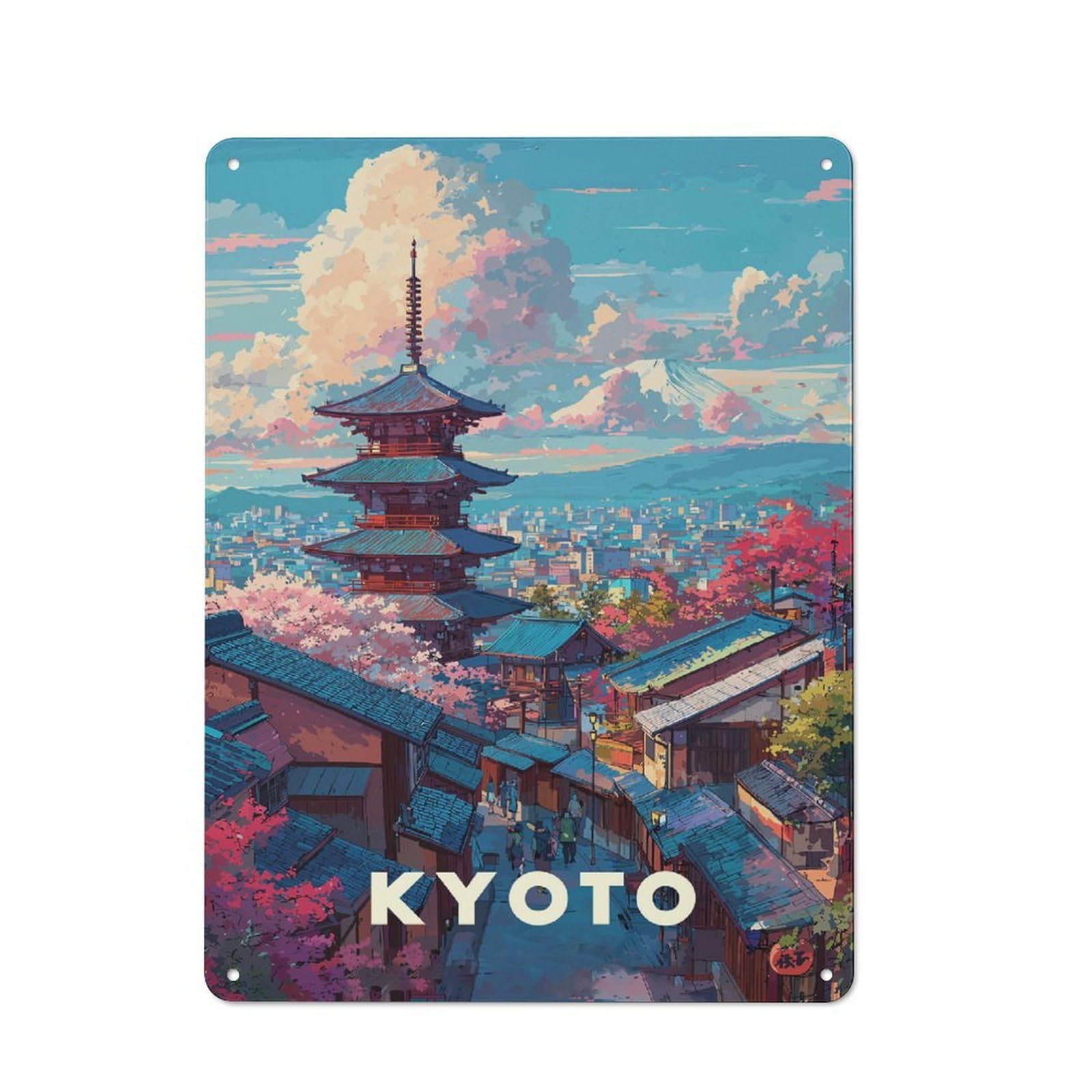 Kyoto Cityscape with Pagoda And Mountain Rustic Tin Sign 40x30cm, Shed Style Utility Space Decor for Patio Bar, Workshop, Shed Or Kitchen