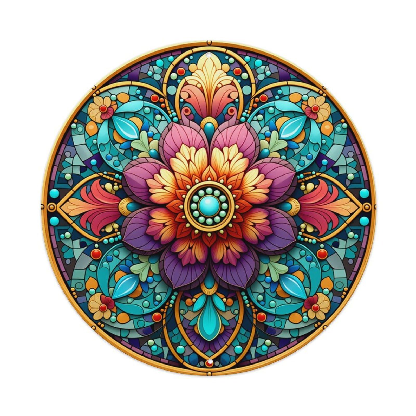 Colorful Floral Mandala Pattern Design Round Tin Sign Retro Metal Sign for Cafe Bar Pub Home Game Room Gym Club Wall Decoration Vintage Metal Poster 8x8 Inch