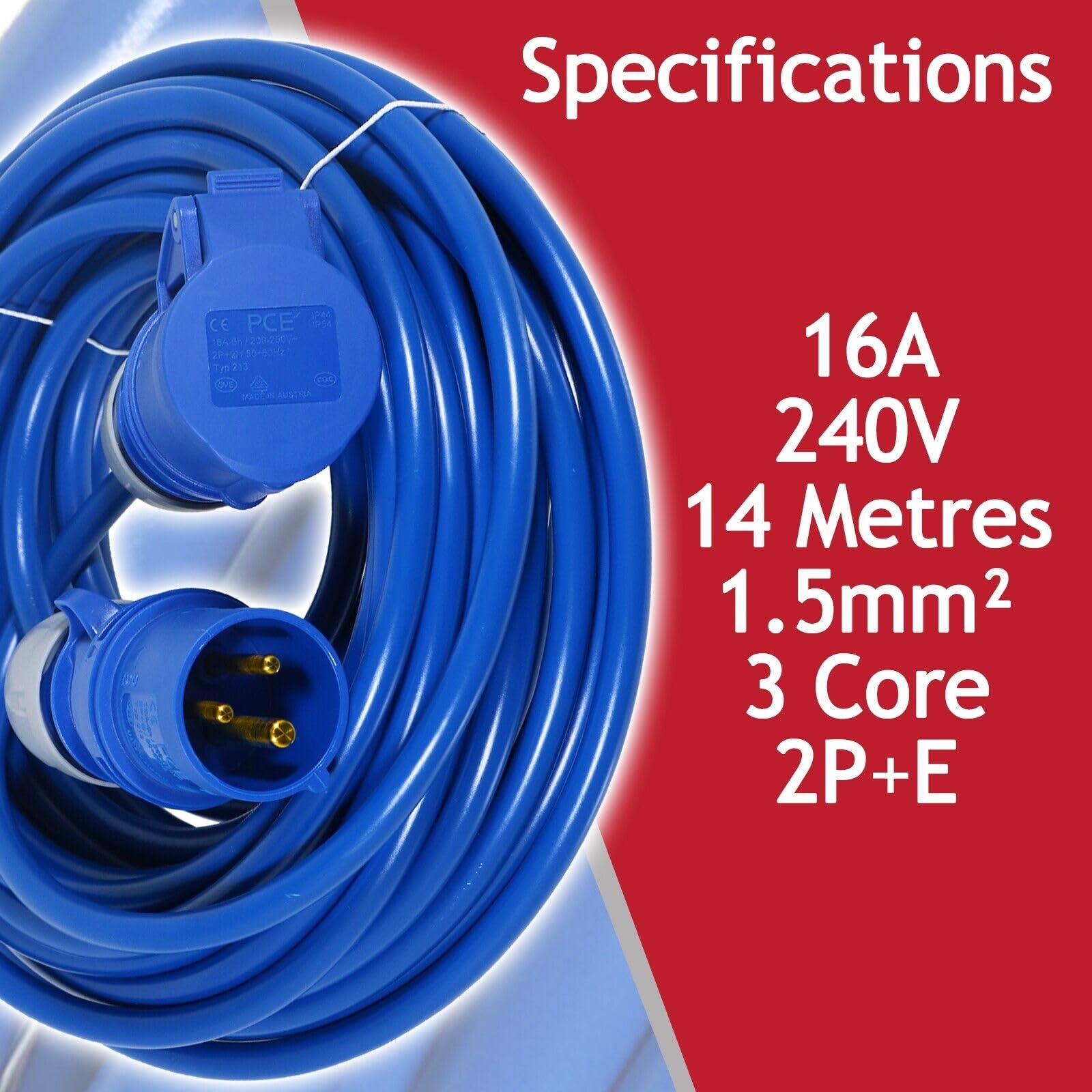 SPARES2GO Przedłużacz 16 A, 14 m, 240 V, 1,5 mm, bardzo długi, do przyczep kempingowych, kabel zasilający (niebieski)