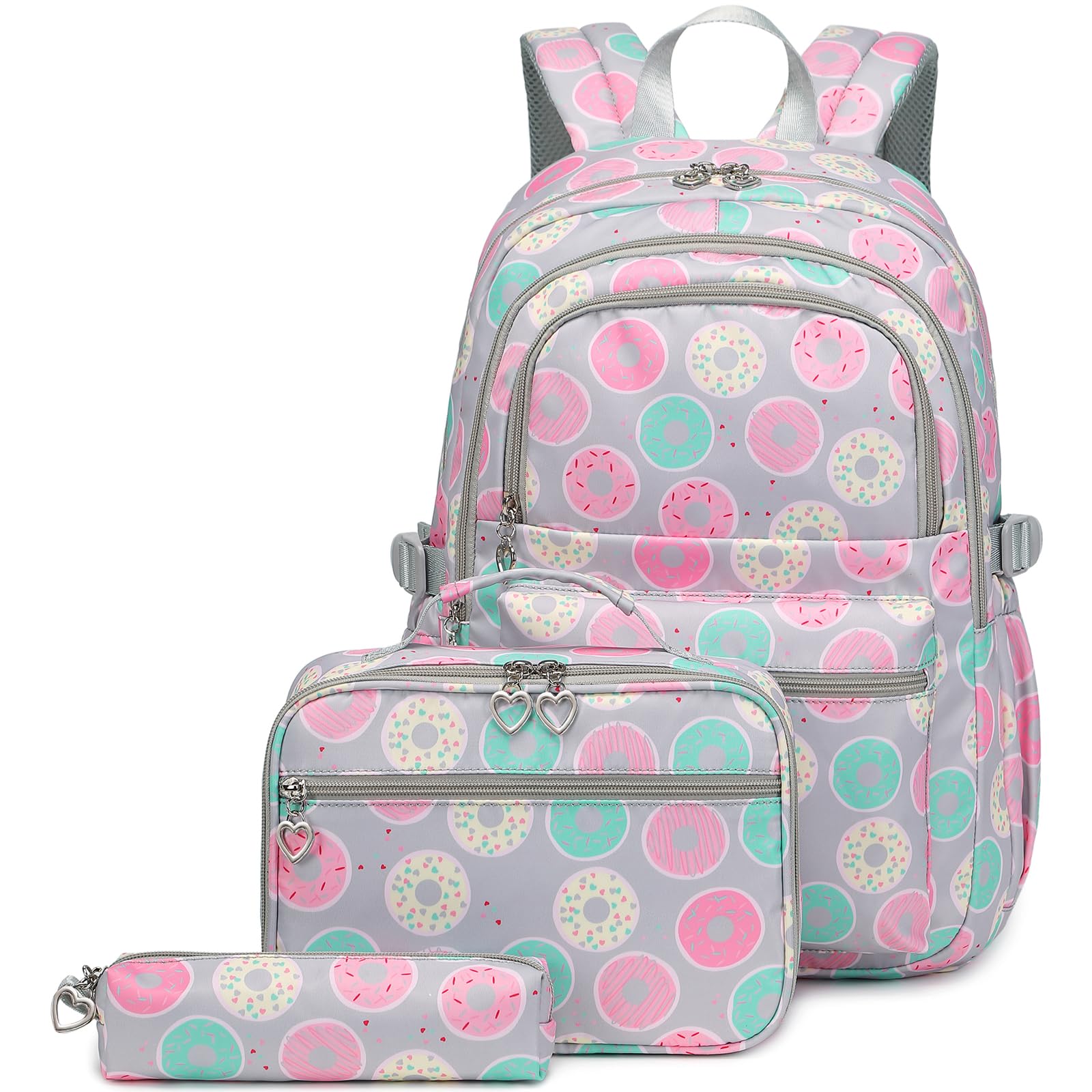 Sugaroom Backpack for Girls Backpack with Lunch Box Kids School Bags Primary Elementary Bookbags for Teen Girls (Donut-gray)