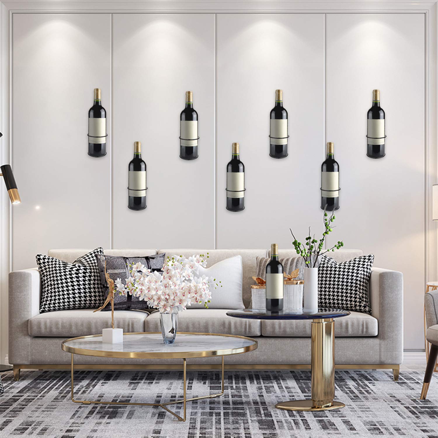 Estante de vino montado en la pared en espiral, soporte de exhibición de botellas de metal para almacenamiento y decoración temática (estilo hacia arriba), color negro 8