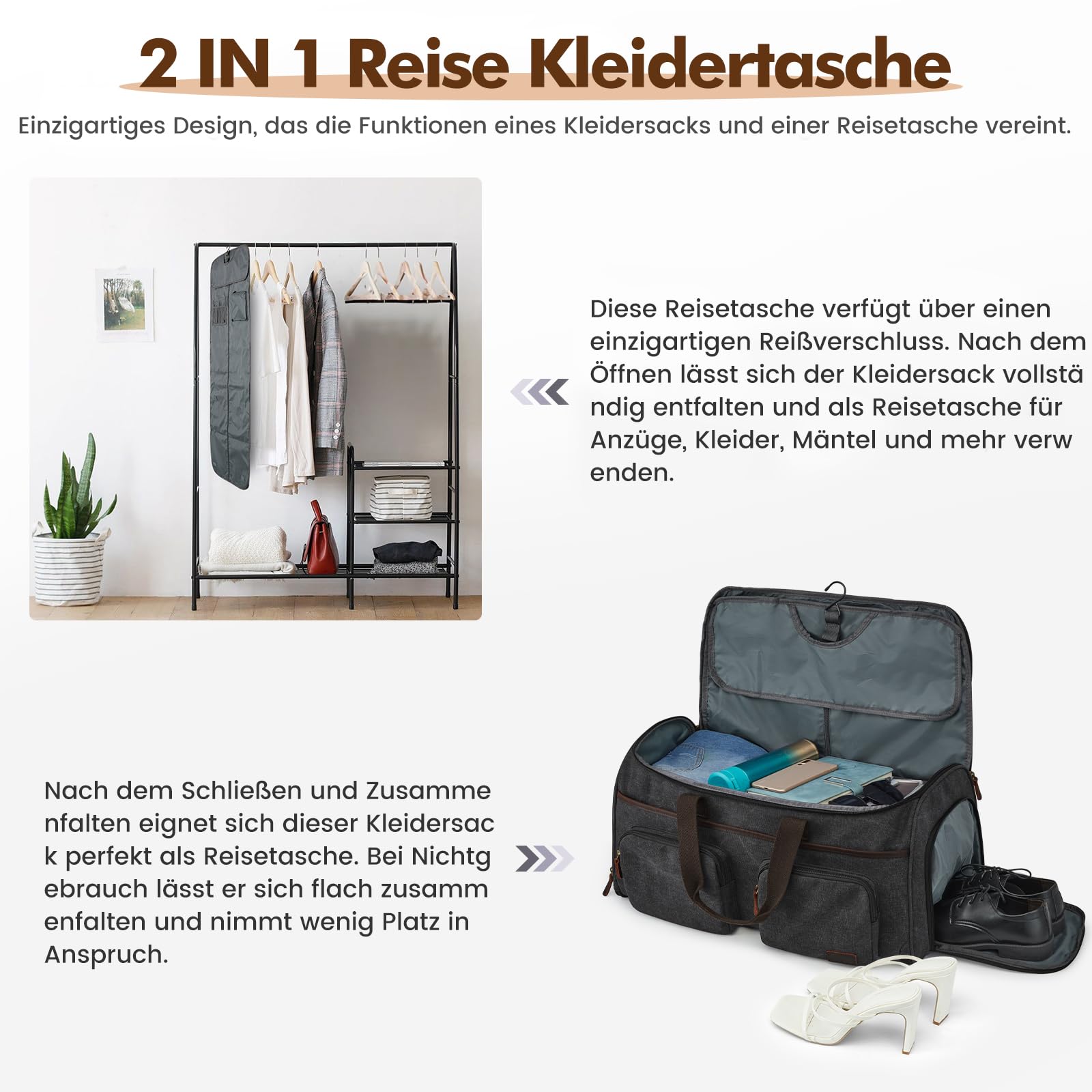 S-ZONE 50L Unisex 3-in-1 Umwandelbarer Kleidersack Canvas Kleidertasche Anzugtasche Carry On Garment Bag mit Kulturbeutel für Reisen Kurzurlaub Geschäftsreisen Aufbewahrung