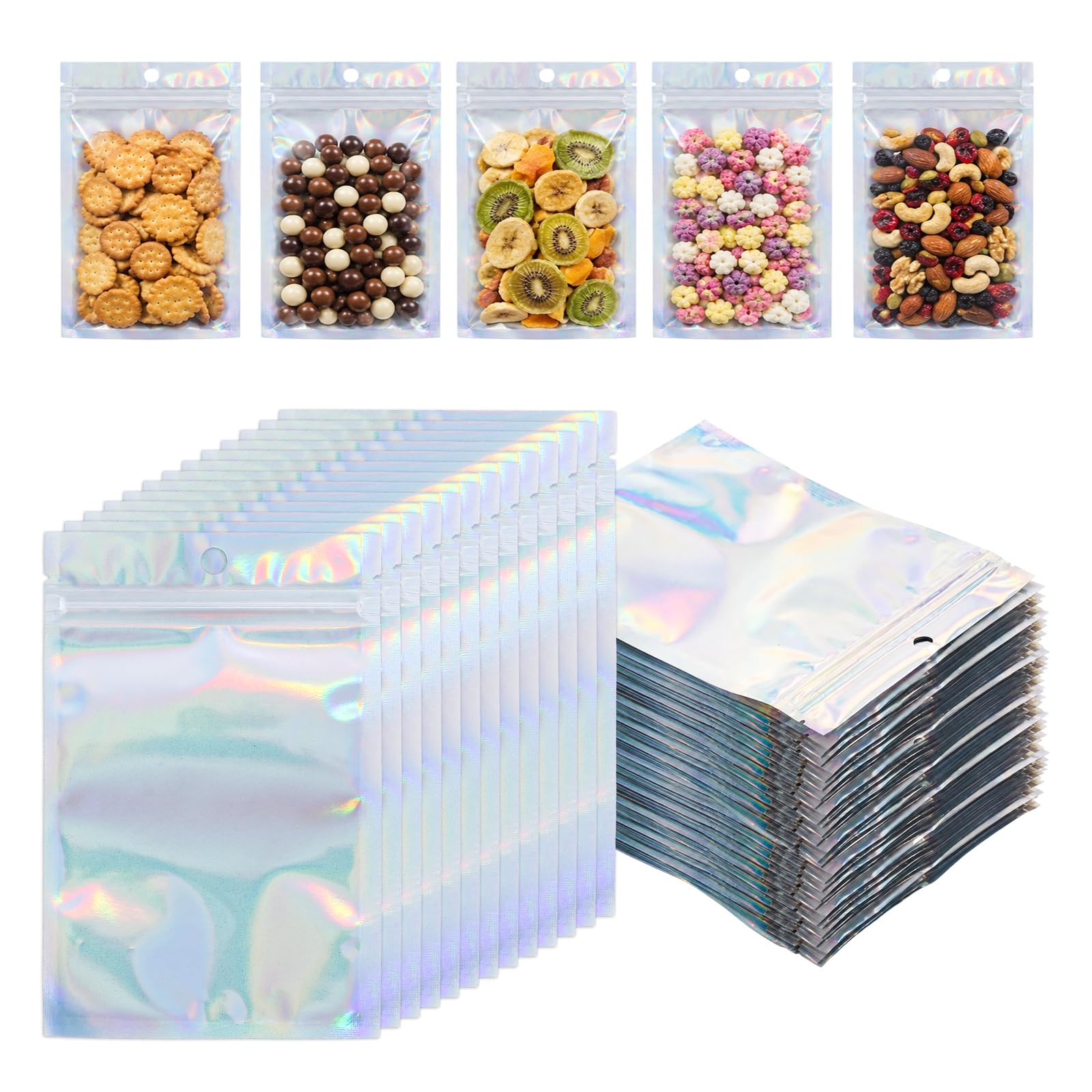WENLISELL 500 PCS Holographic Bags 7x10cm, Resealable Foil Zip Lock Bags