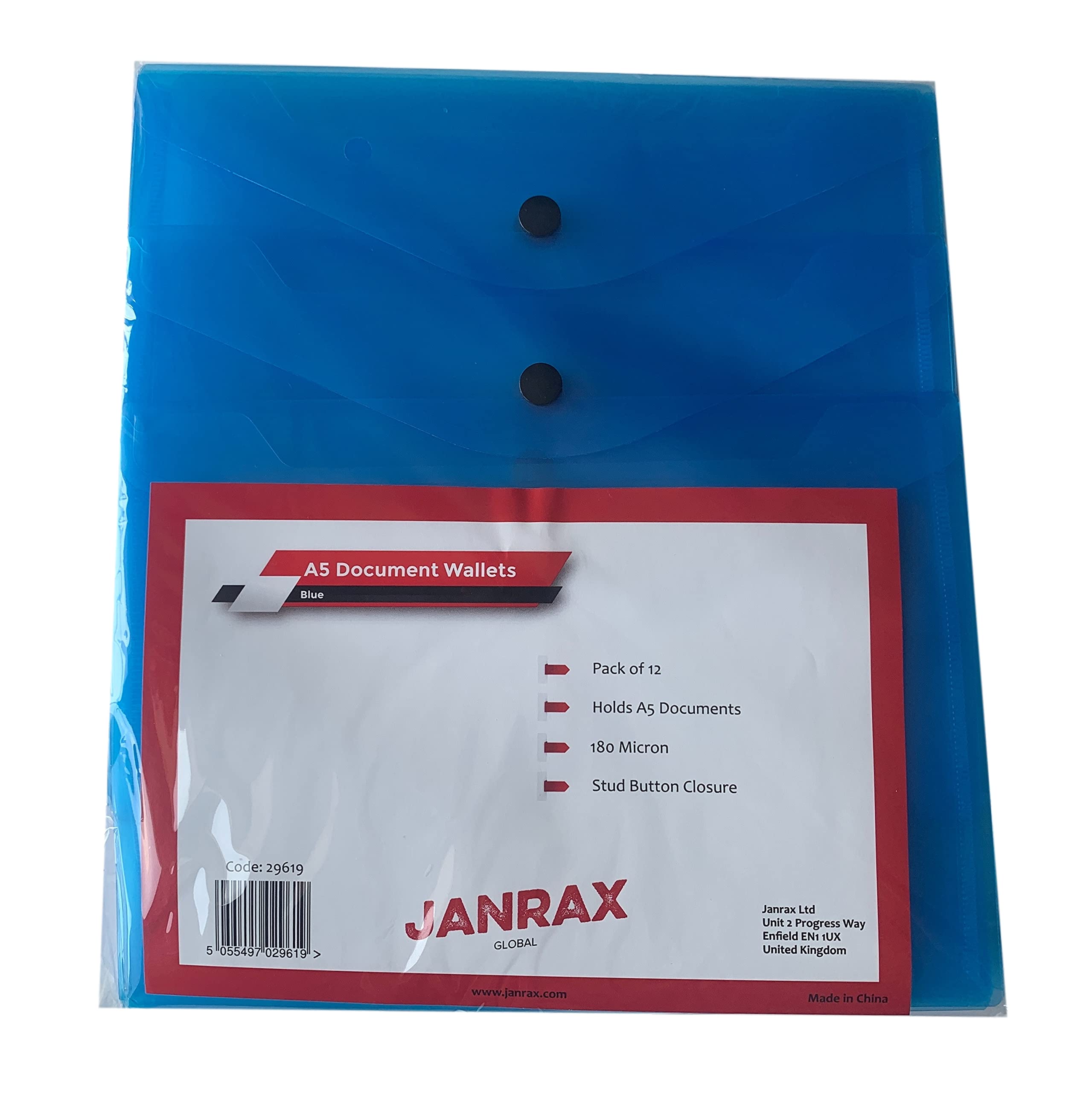Pack of 36 Janrax A5 Blue Document Wallets - Button Stud Folder