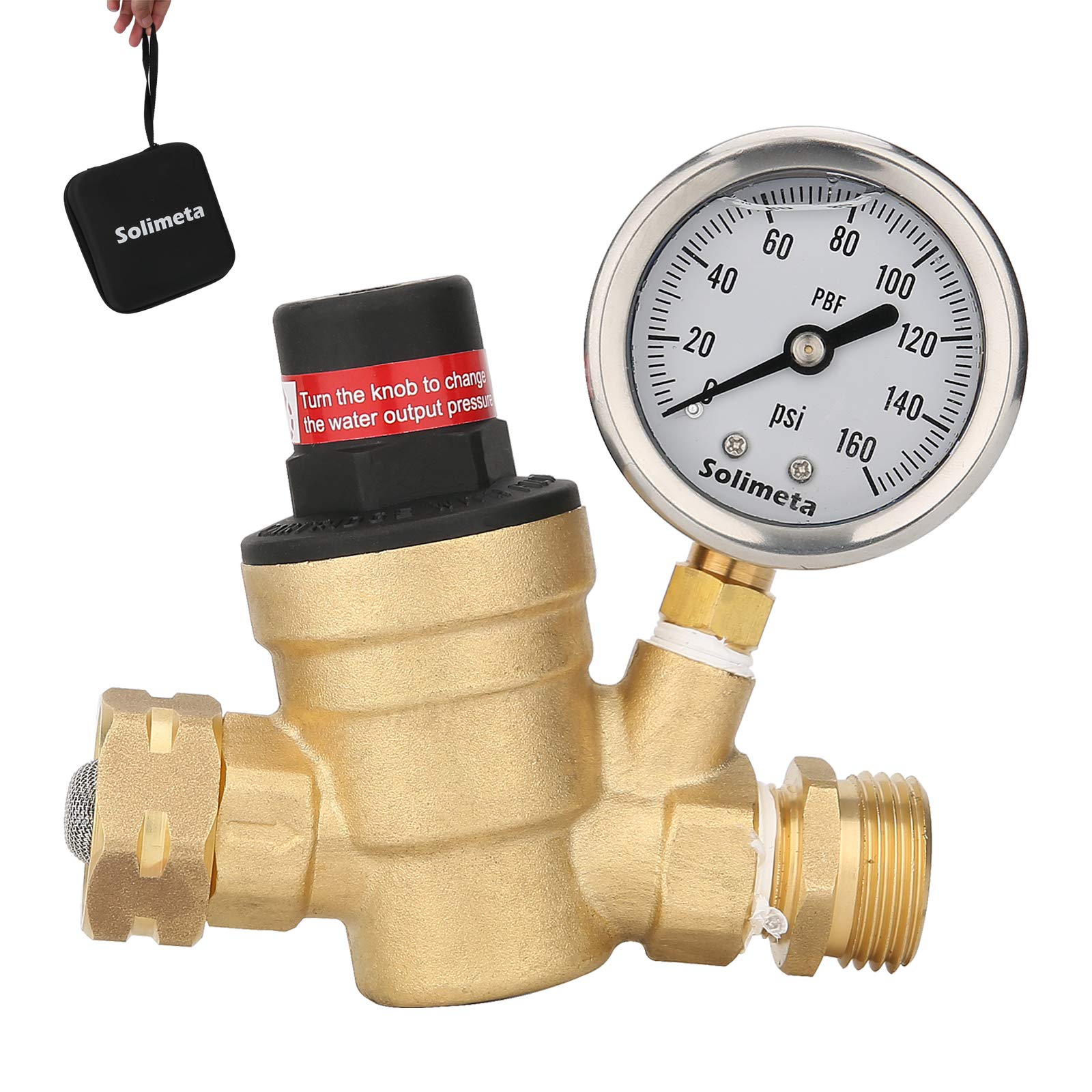 SolimetaAdjustable Lead-Free Brass RV Pressure Regulator, Pressure Reducer with Liquid Filled Pressure Gauge 160psi and Inlet Screened Filter for RV Camper Travel Trailer