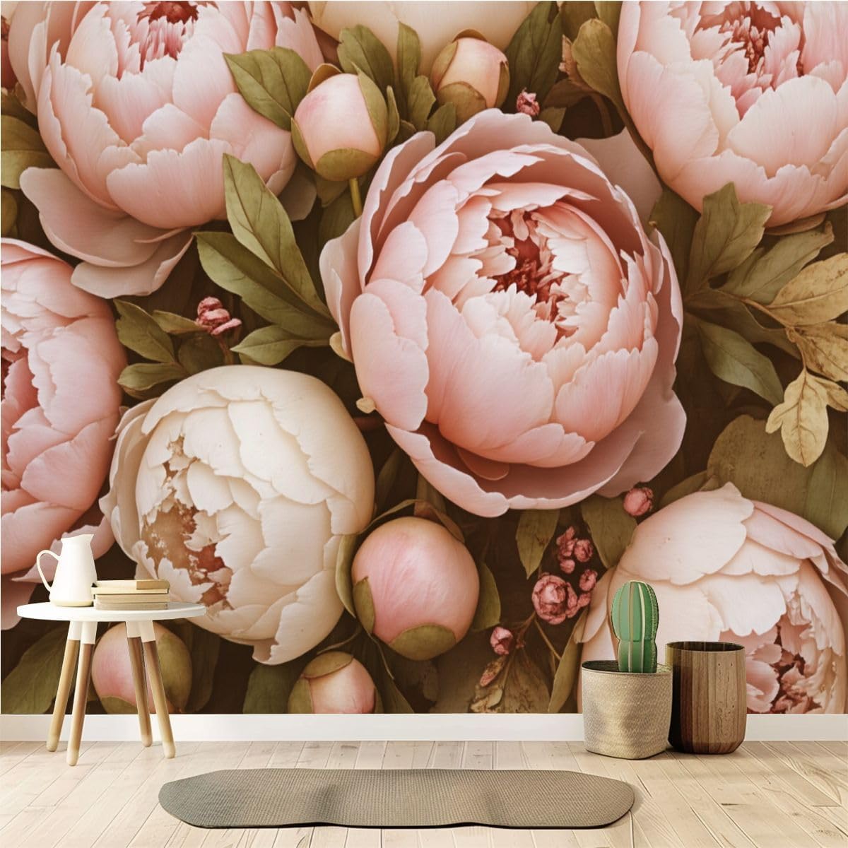 Peel and Stick Wallpaper 100'' x 144'' Self-Adhesive Wall Mural Romantic Peony Floral Rich Reds Soft Creams Large Wall Sticker, Removable Decor for Bedroom Living Room, Office