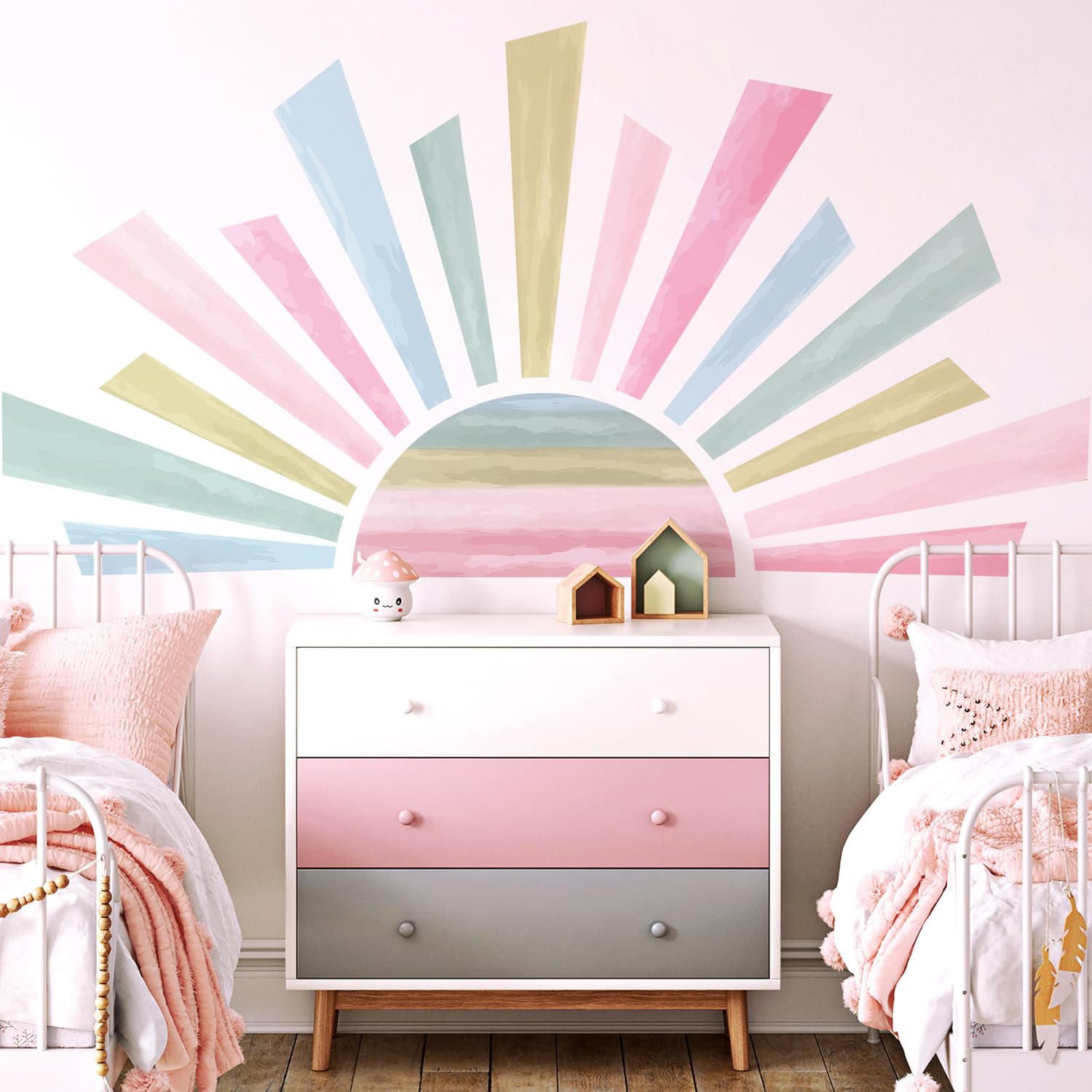Large Boho Half Sun Wall Decals, Sunshine Peel and Stick Fabric Nursery Wall Decor, Removable Home Room Decor Murals Stickers for Kids Girls Toddler Bedroom Living Room Playroom