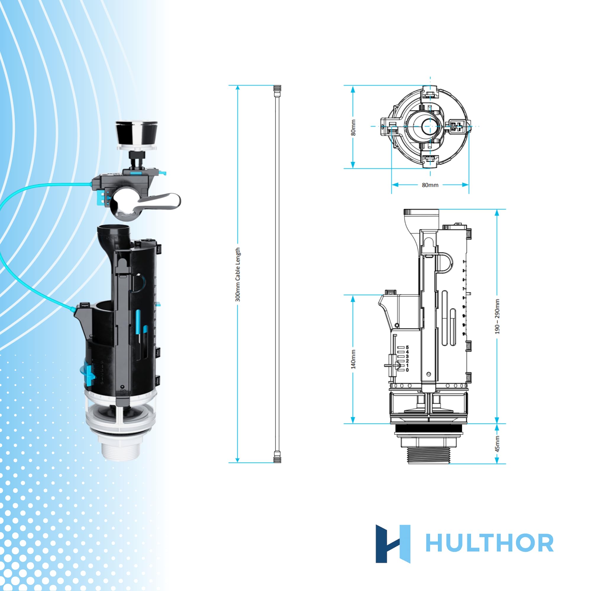 Hulthor Universal Toilet Flush Valve - Dual Flush Cistern Valve with Lever or Push Button Option, Adjustable Toilet Replacement Kit - Image 2