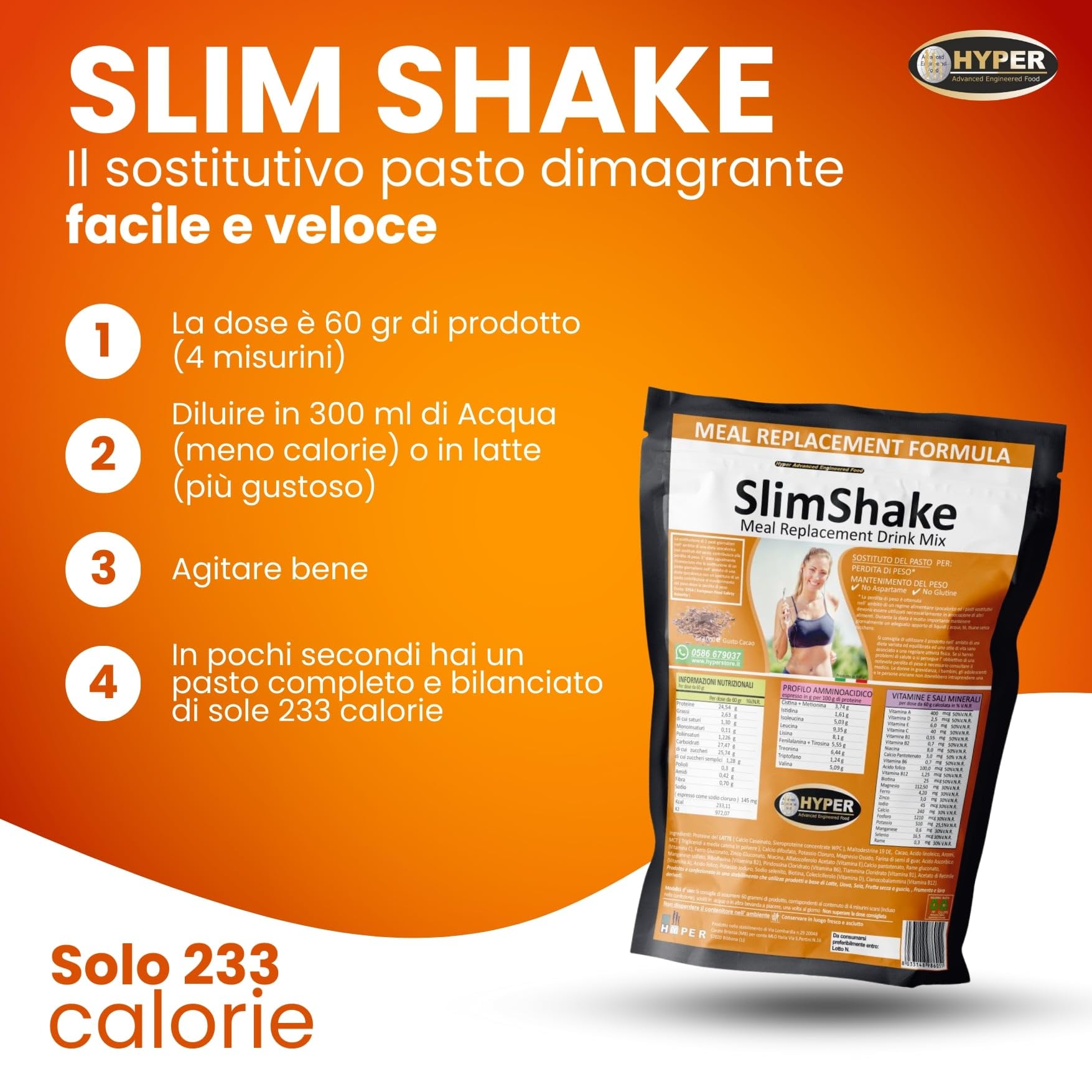 Hyper Slim Shake - Sostituto Pasto Dimagrante gr 3000 Gusto Cacao - Pasto Sostitutivo Dimagrante per Frullati e Shakes Proteici Ideale per Perdita e Controllo del Peso Forma. Made in Italy