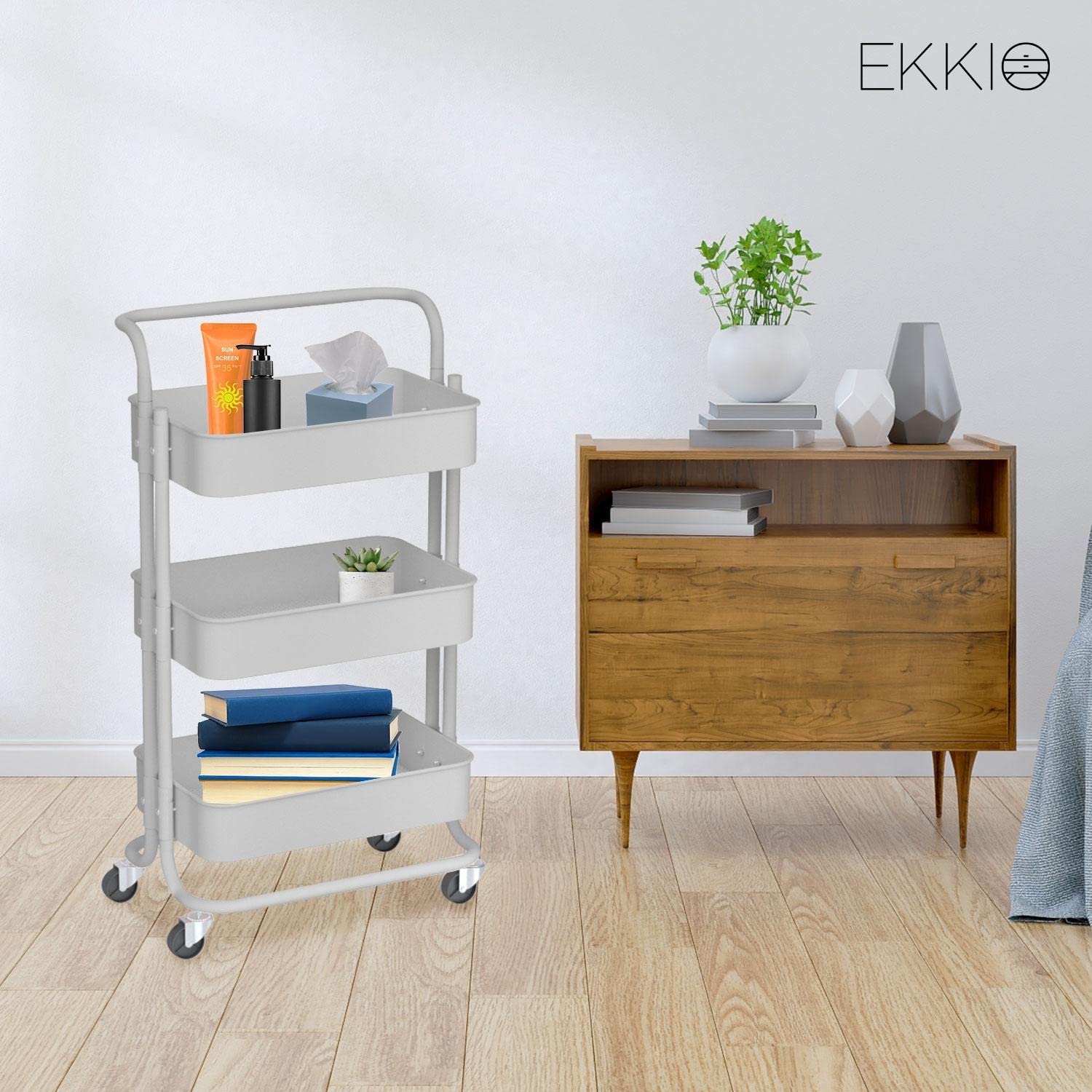 Ekkio Carrito de cocina de 3 niveles con asa, estante de almacenamiento de acero, ruedas organizadoras, acabado con recubrimiento en polvo, peso máximo por cesta, 25 kg, color blanco