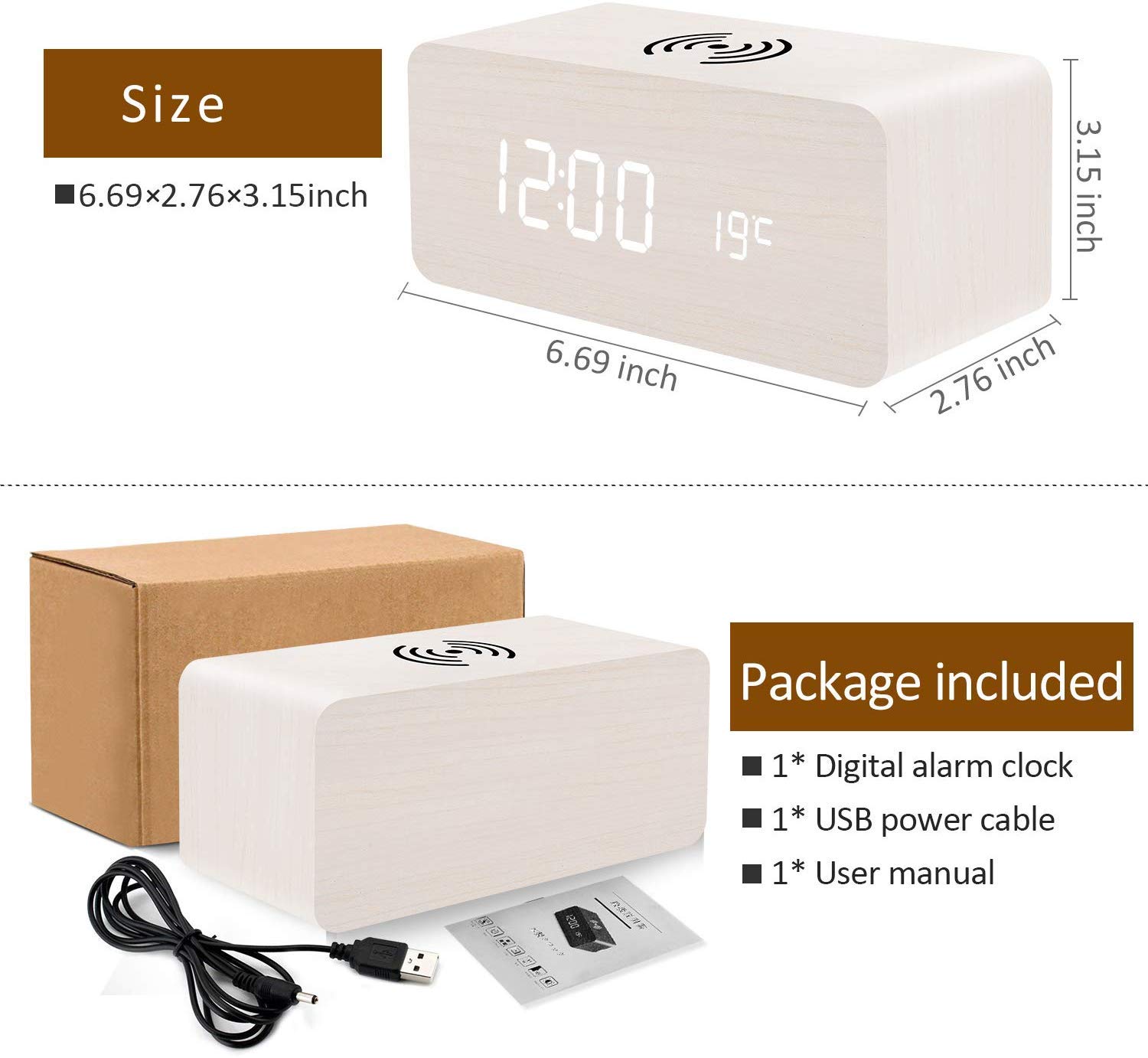 Reloj despertador digital inalámbrico de madera con luz LED para mesa, escritorio o mesita de noche, modo de sueño, fecha, Celsius/Fahrenheit, 12/24 horas, 3 alarmas, control de sonido, brillo