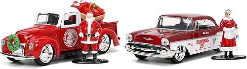 Jada Toys Holiday Rides 1:32 1941 Ford Pickup y 1957 Chevy Bel-Air Die-cast Car con figura de Papá Noel y Sra. Santa Claus de 1.65 pulgadas,