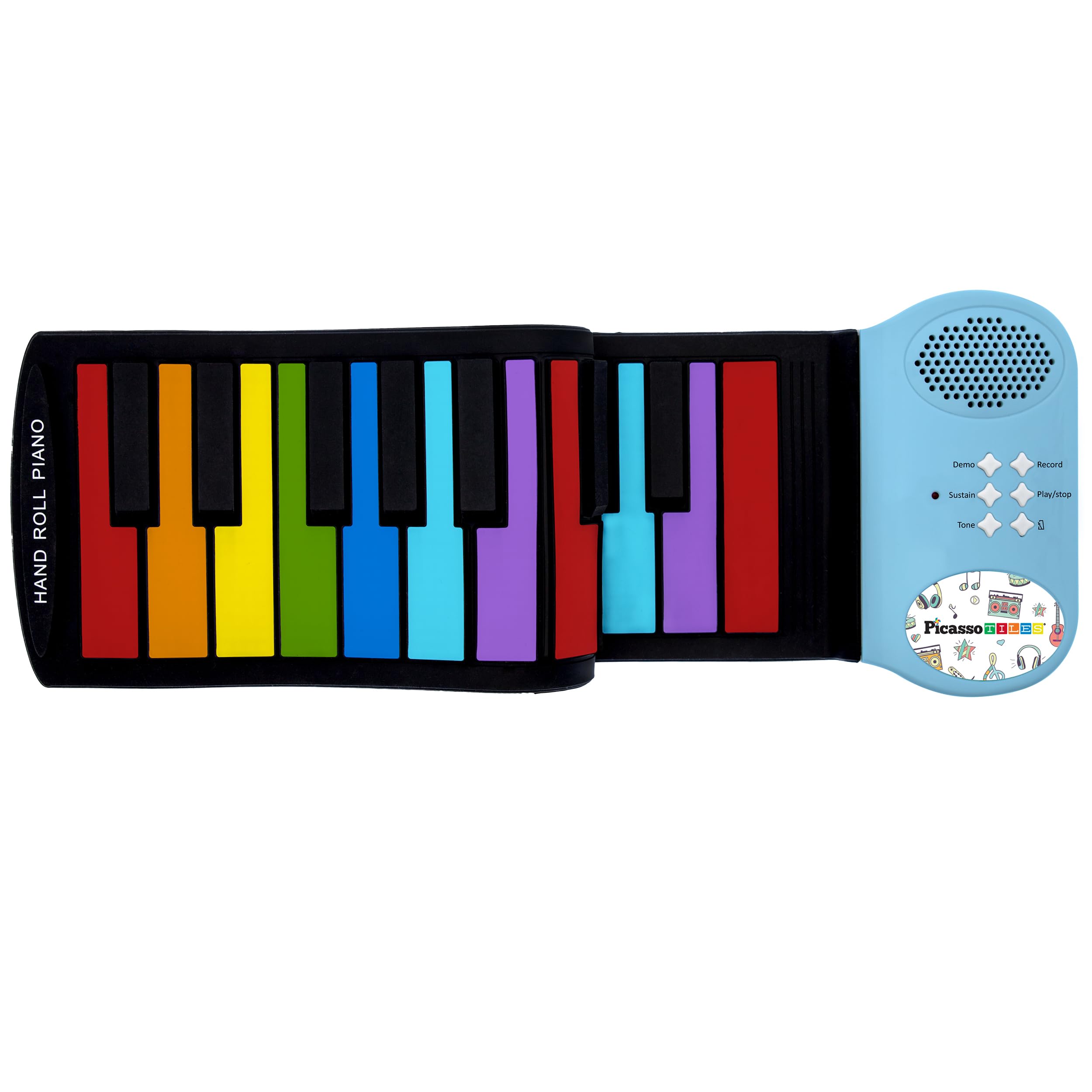 PicassoTiles Electronic Piano 49Key Flexible Roll-Up Keyboard with Recording Feature 8 Tones 6 Demo Songs Built-in Speaker Educational Music Toy for Kids Toddlers Boys Girls Rainbow Color Design PT49