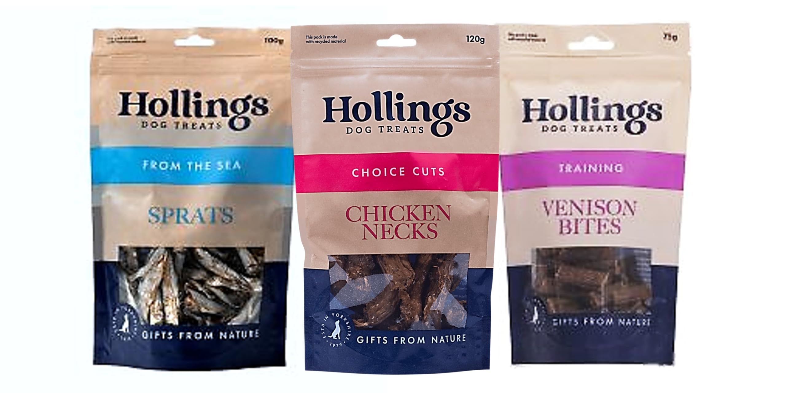 Hollings dog treat variety pack, sprats 100g x1, chicken necks 120g x1, venison bites 75g x1